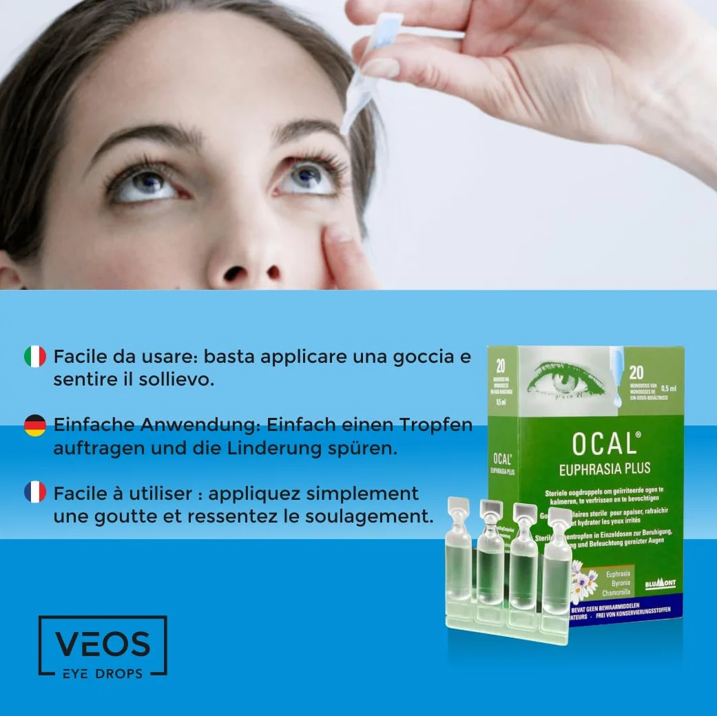 Gocce Lubrificante in Monodose da 20 x 0,5 ml, Collirio per Occhi Rossi e Secchi con Eufrasia