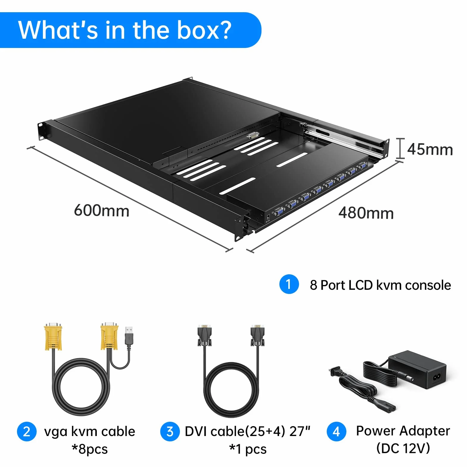 17” LCD KVM Console 8 porte VGA Rackmount KVM Switch 8 porte per 1U 19‘’ Standard-Schrank 600mm-800mm Touchpad Hotkey OSD