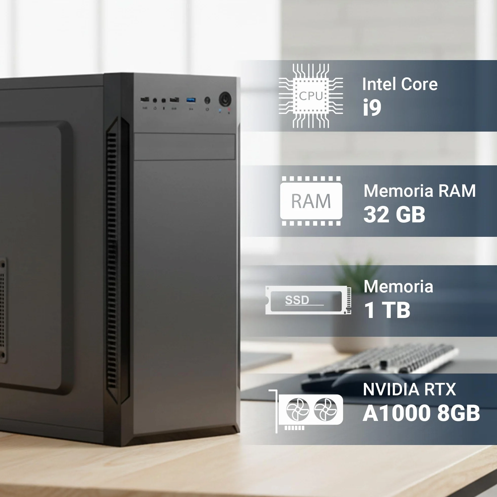 PC Fisso Completo - Computer Desktop Intel Core i9-12900 • RAM 32GB DDR4 • SSD 1TB NVMe M.2 • Scheda Video RTX A1000 8 GB • Wi-Fi AC e Bluetooth • Masterizzatore DVD • HDMI • USB 3.0 • Windows 11 Pro