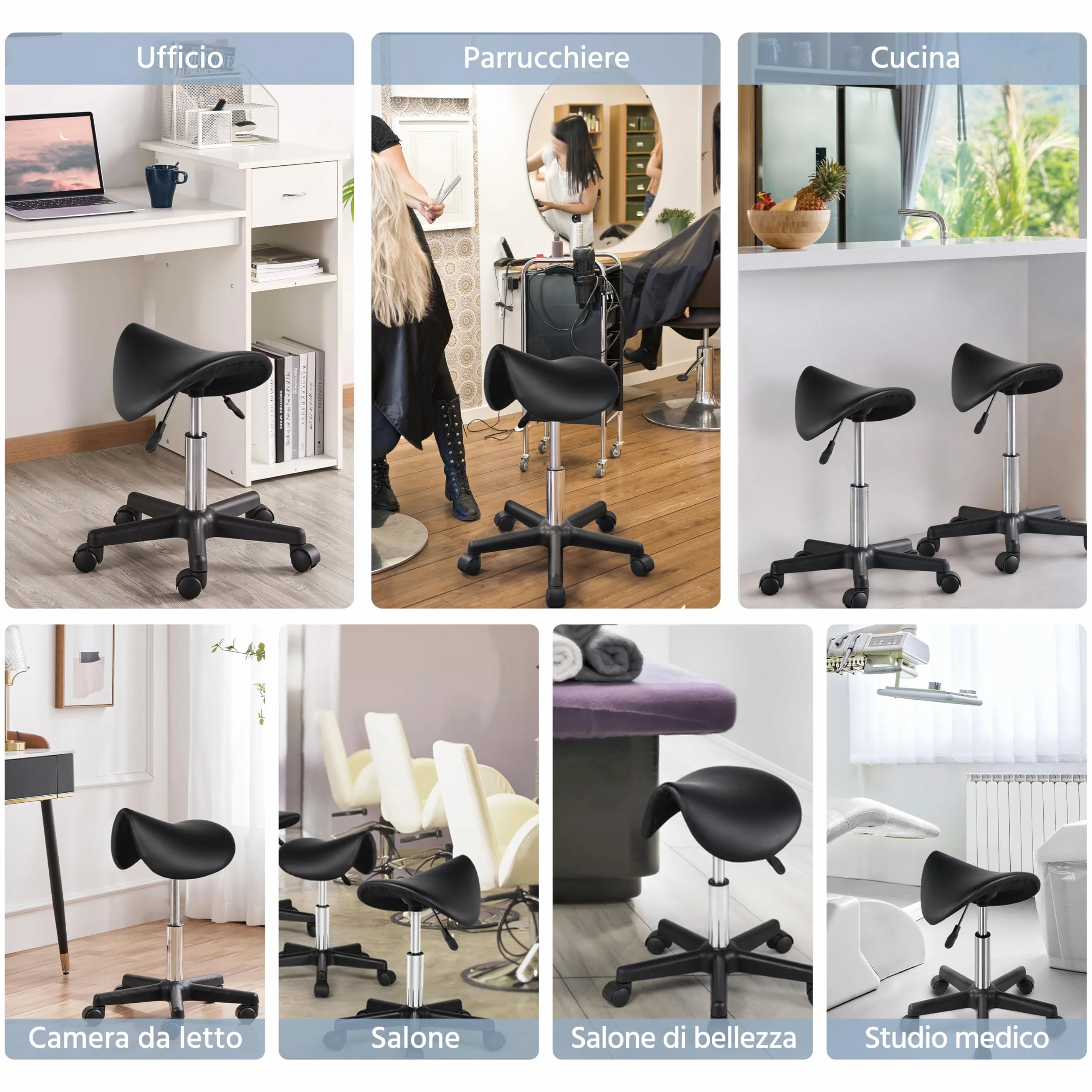 Yaheetech Sgabello a Sella con Ruote Regolabile in Altezza Sedia Estetista Girevole Ergonomico Nero