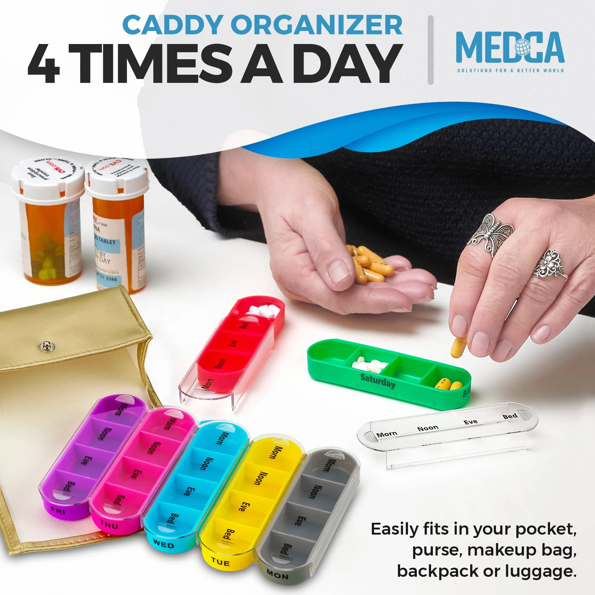 MEDca Organizer portapillole settimanale da viaggio, confezione da 2 contenitori per medicine 4 volte al giorno, 7 giorni