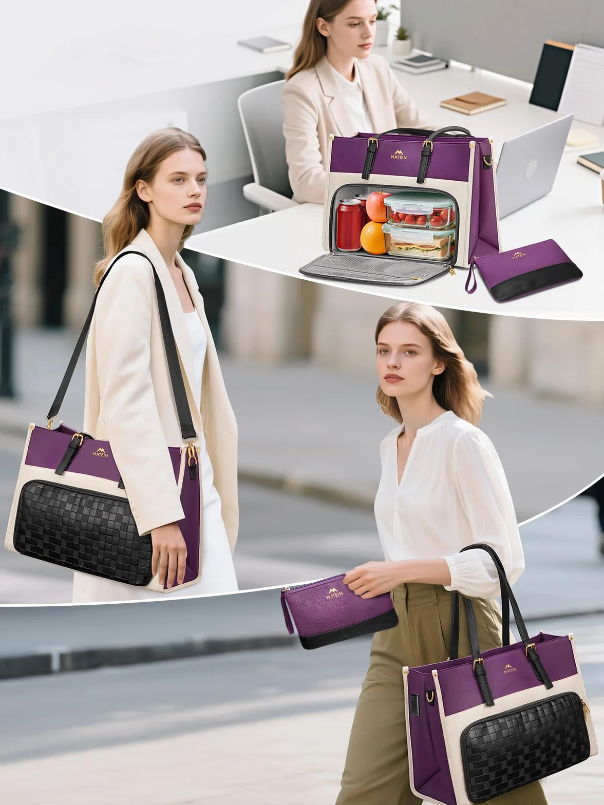 MATEIN Borsa Porta PC Donna con Scomparto Pranzo Isolato, 15,6 Pollici Grande Borsa Tote Elegante con Porta Pranzo, Pochette Impermeabile, Antifurto, per Lavoro Viaggio e Università, Viola