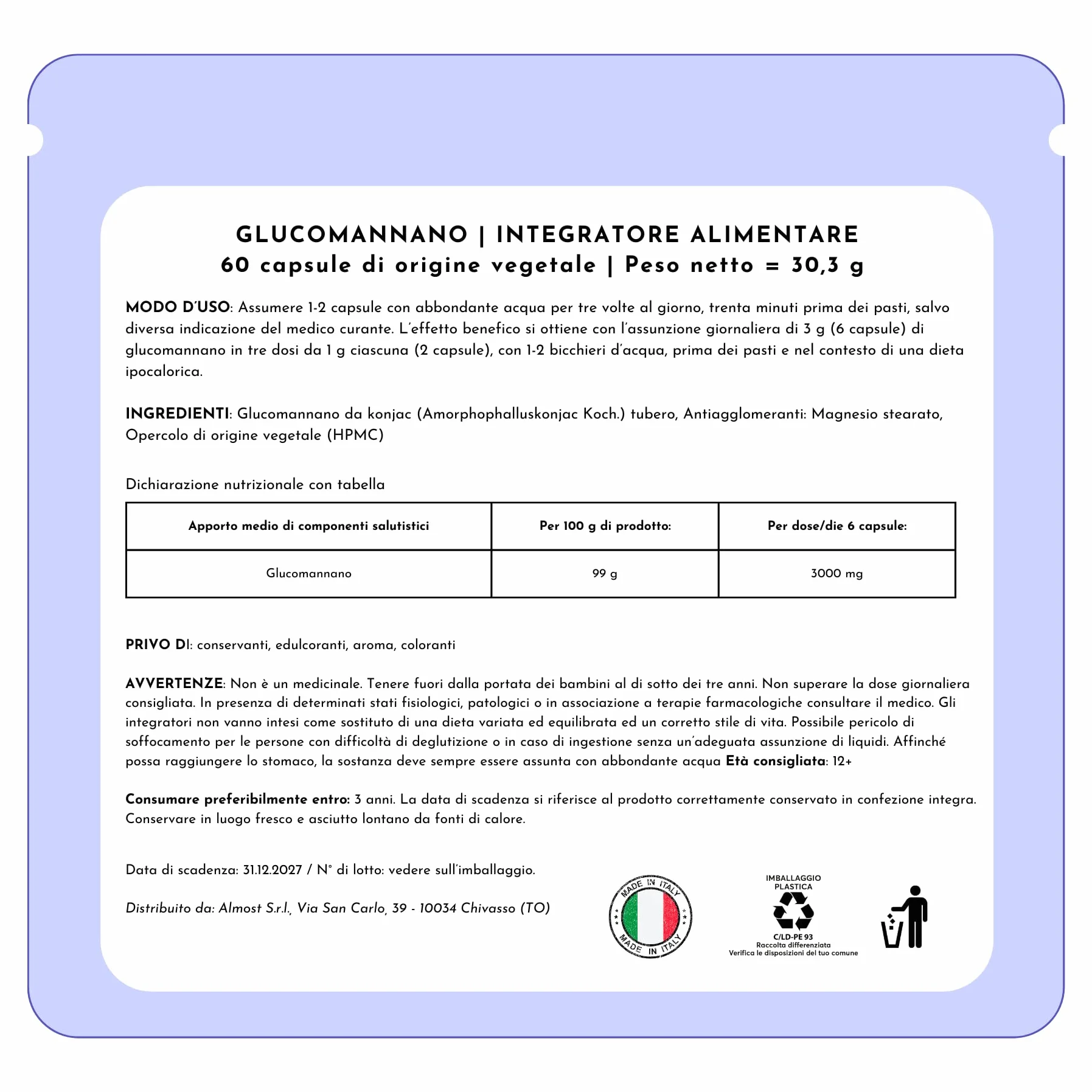 Integratore alimentare Glucomannano 60 capsule Fibre naturali Made in Italy