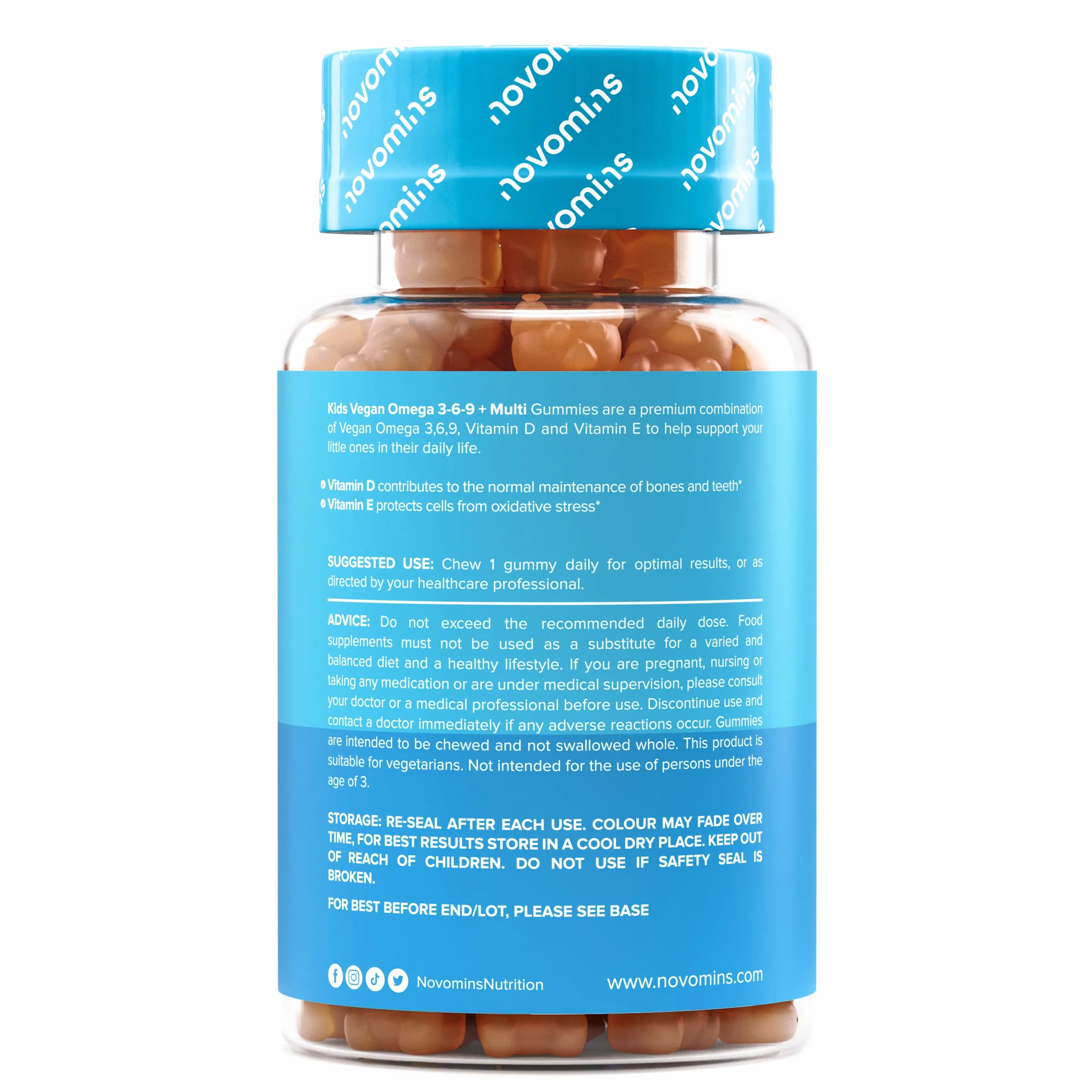 Novomins Omega 3 6 9 Vegan Gommose per Bambini con ALA Olio di Perilla 50mg Vitamine D ed E 30 Gusto Arancia