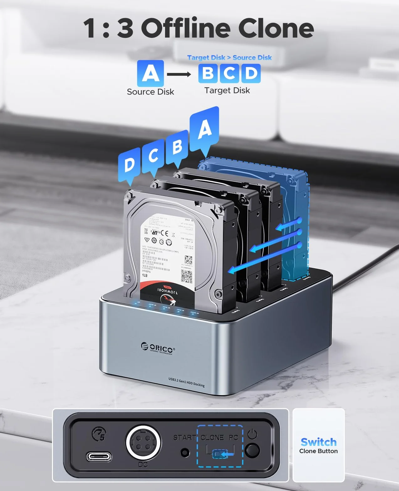 ORICO Docking Station 4 Bay USB 3.2 Gen 1 per SATA 2.5/3.5" SSD/HDD Cloni Offline Alimentatore 12V 6.5A