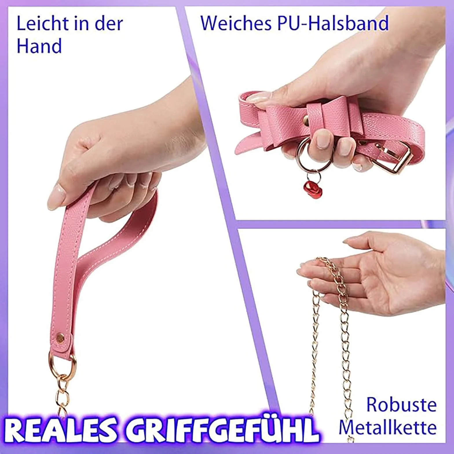 Collare BDSM Rosa in Pelle Sintetica con Guinzaglio Rimovibile Regolabile per Donna Cosplay