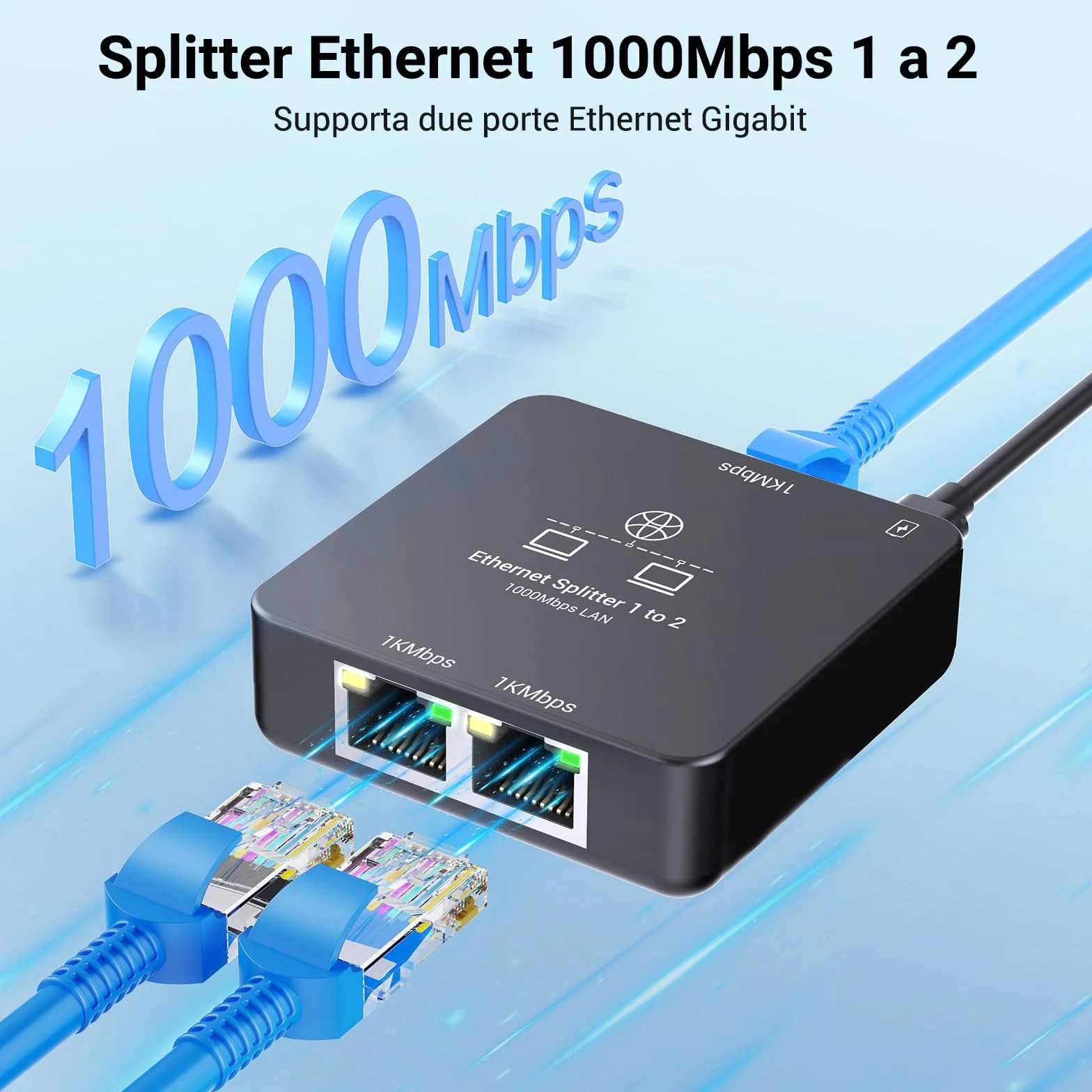 KiwiBird Switch ethernet 2 Porte, Splitter ethernet, 1000Mbps sdoppiatore Cavo LAN RJ45 gigabit, Mini Switch 1 Ingresso 2 uscite per Cat 8 7 6 5e 5 Compatibile con Router Fibra Ottica PC TV Box PS5