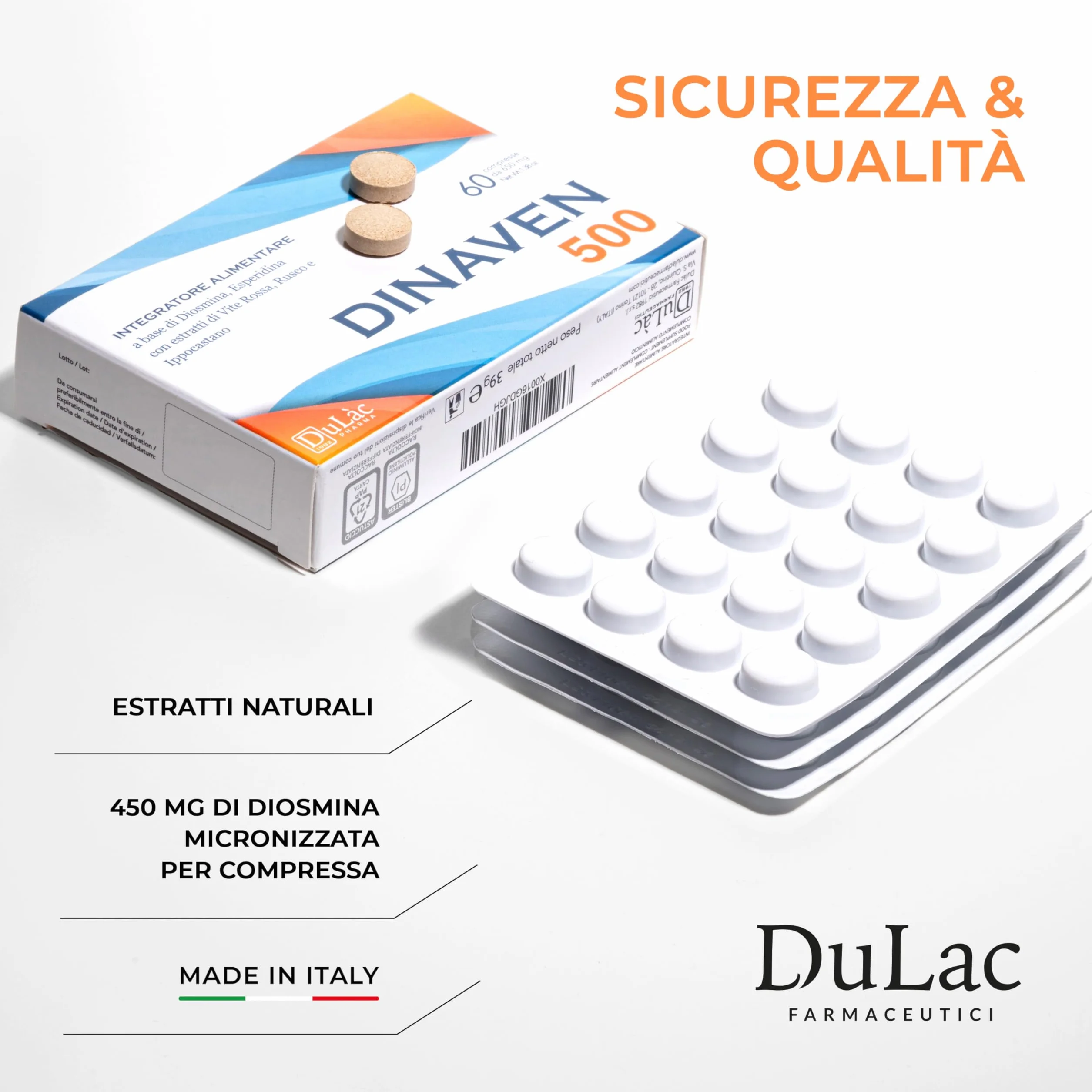 Dulac Dinaven 500 Integratore Alimentare Microcircolo Circolazione Gambe 60 Compresse Diosmina Esperidina Made in Italy