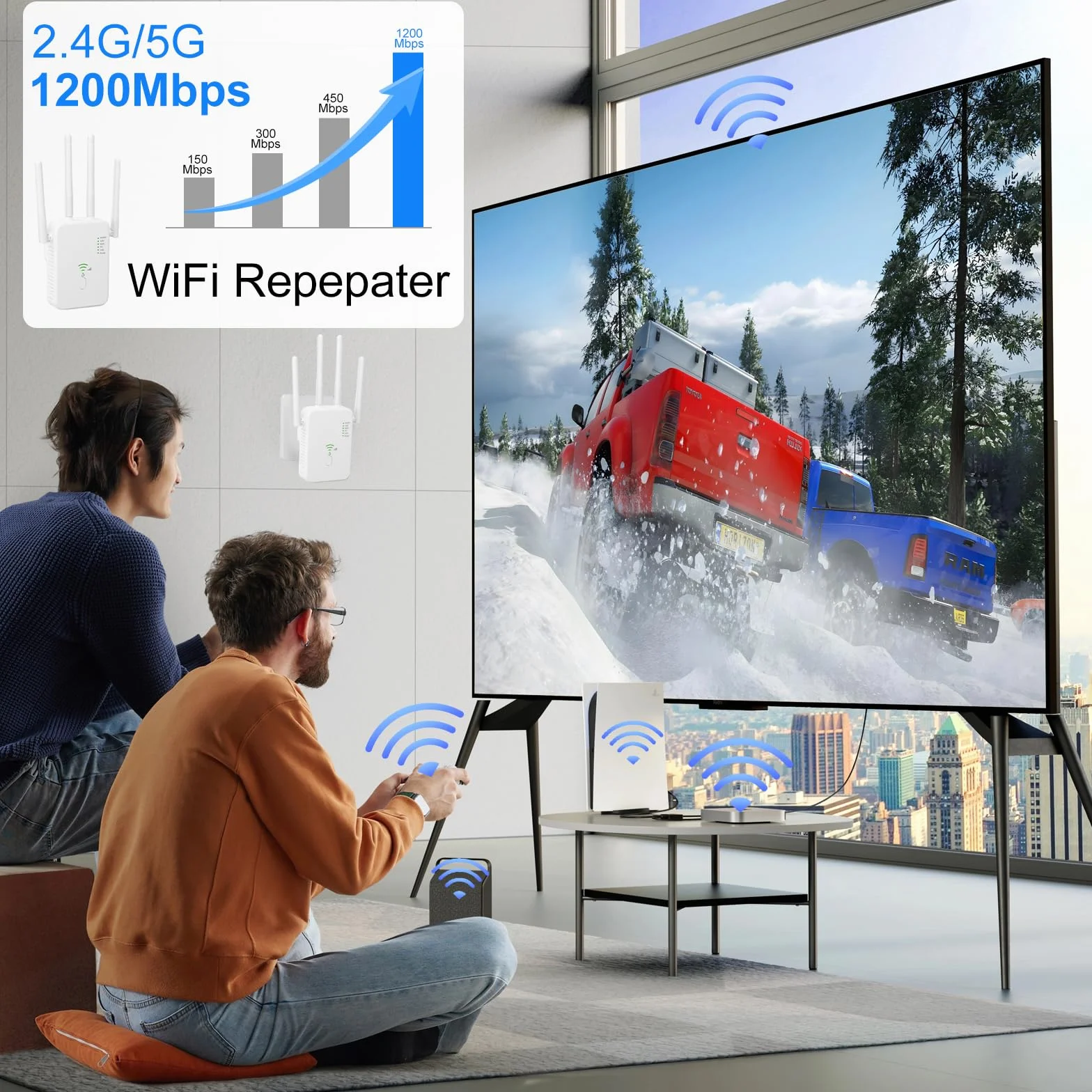 Ripetitore Wifi Potente Per Casa, Amplificatore WiFi Potente Extender WiFi 1200Mbps 5GHz & 2.4GHz Dual Band con Porta WAN, Porta LAN, Compatibile con Modem Router (Bianco)