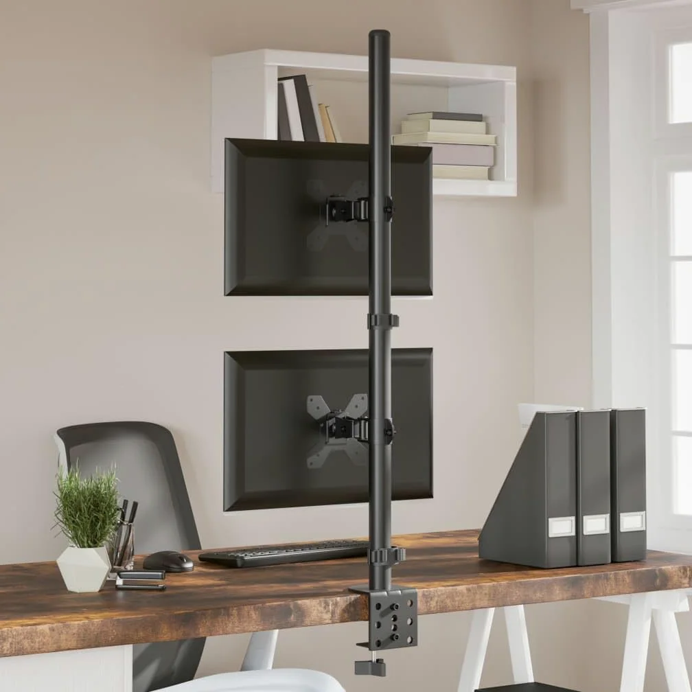 Supporto per monitor per 2 monitor da 13-27 pollici, VESA 75/100 mm, braccio per monitor regolabile in altezza, in acciaio, supporto da tavolo con morsetto a C e beccuccio, nero