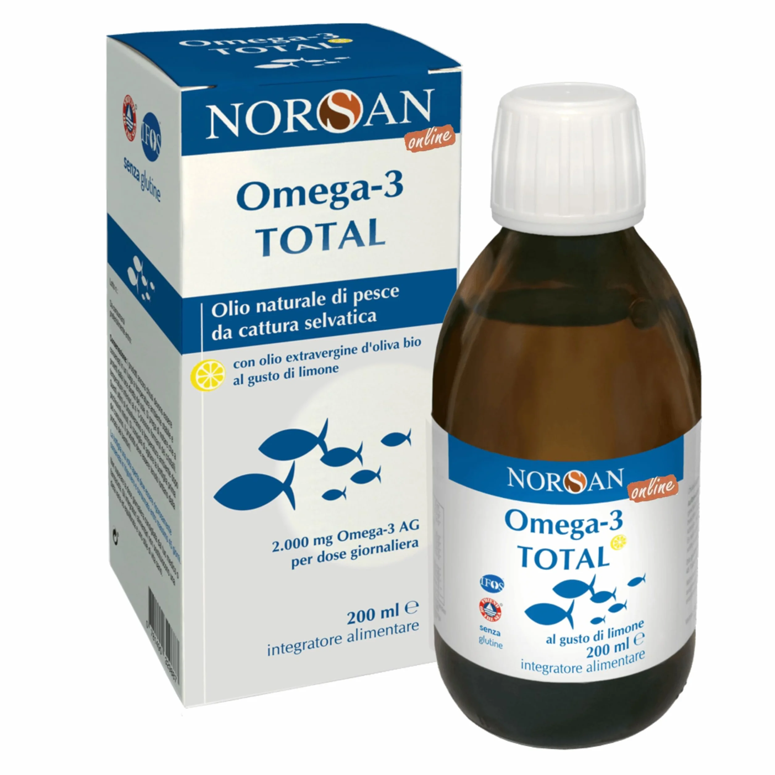 NORSAN TOTAL Omega 3 IFOS senza reflusso 2000mg Olio di pesce Omega 3 EPA DHA Vitamina D3 200 ml