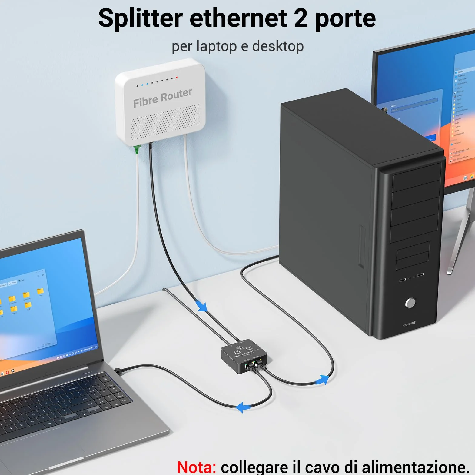 KiwiBird Switch ethernet 2 Porte, Splitter ethernet, 1000Mbps sdoppiatore Cavo LAN RJ45 gigabit, Mini Switch 1 Ingresso 2 uscite per Cat 8 7 6 5e 5 Compatibile con Router Fibra Ottica PC TV Box PS5