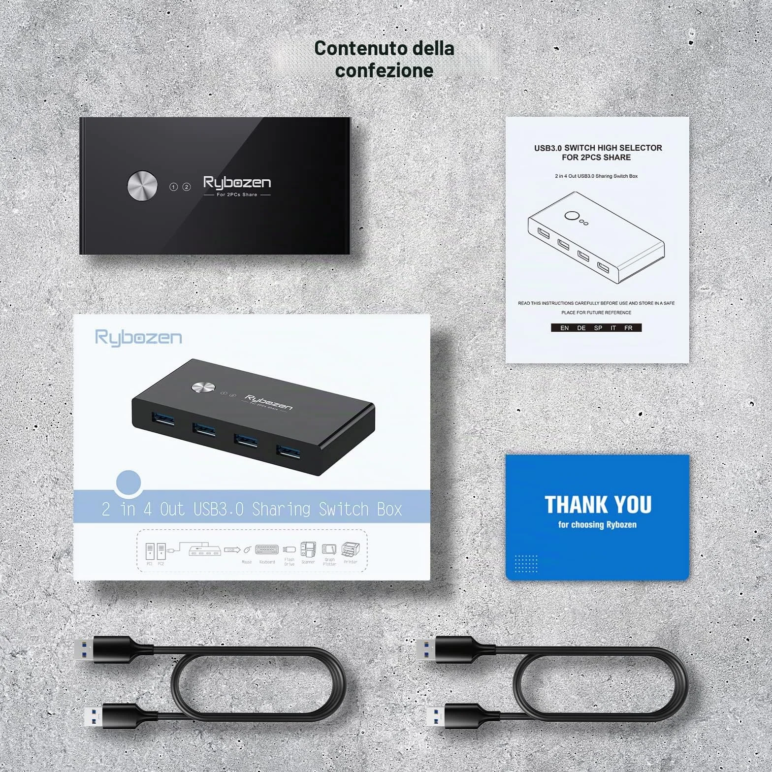 Switch USB 3.0 Selectore per 2 Computer, Switch USB per la Condivisione di 4 Dispositivi USB Hub periferico per Mouse, Tastiera, Scanner, Stampante; per Mac/Windows/Linux; 2 Cavi USB Inclusi