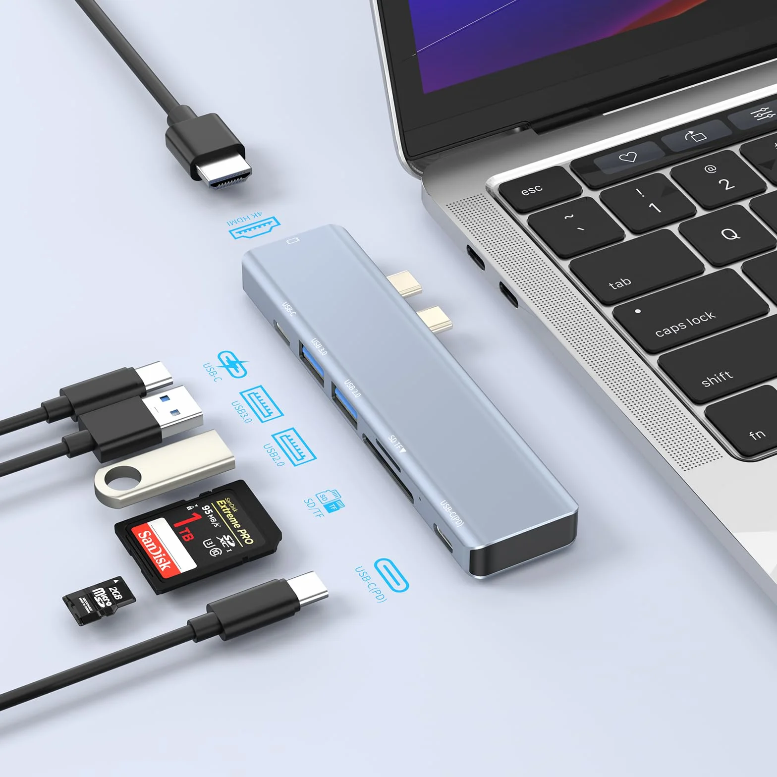 Hub Adattatore USB-C MaccBook Pro Air,Adattatore Multiporta Mac 7 in 2-Accessorio Dongle per MaccBook con HDMI 4K-Thunderbolt 3-Porte USB C/A,Lettore di Schede SD/TF per M5 M4 M3 M2 M1 2025–2018 13-16