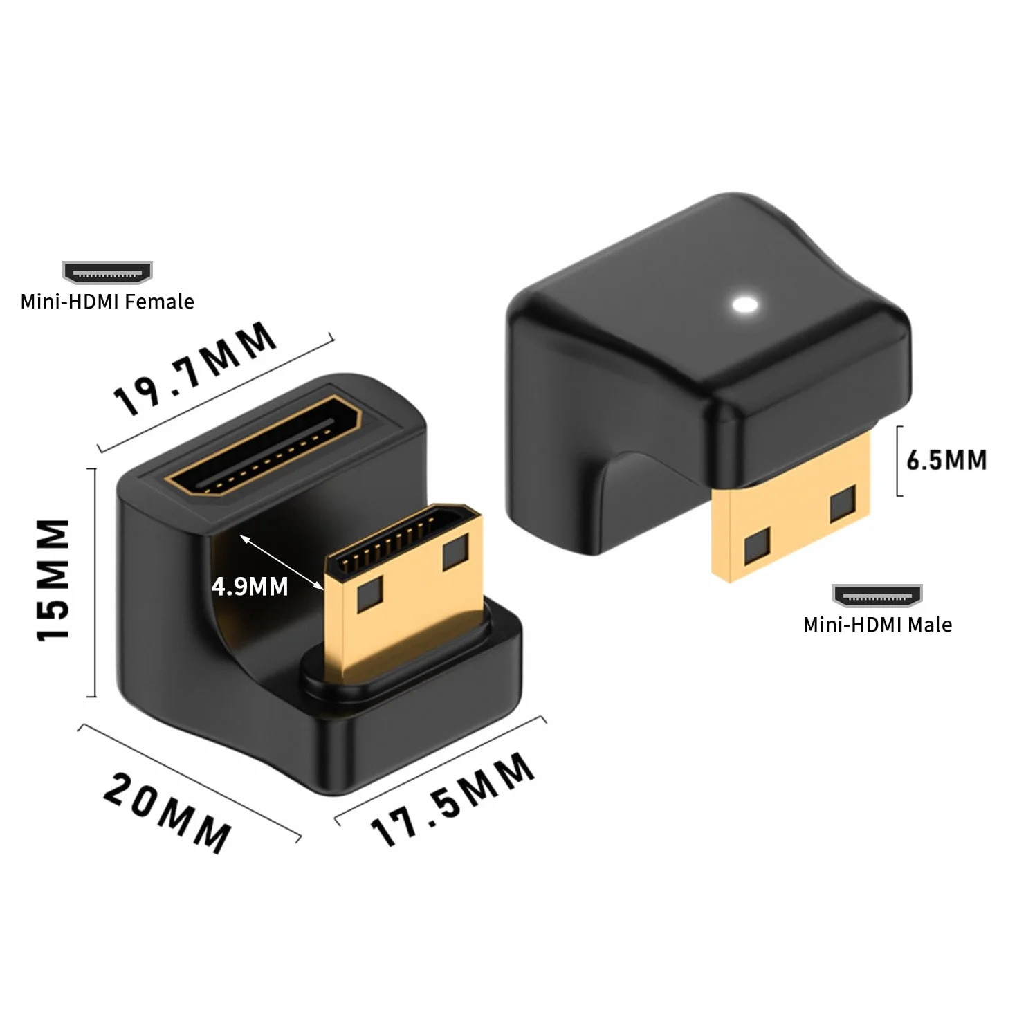 Duttek Mini adattatore HDMI 8K a forma di U, 48 Gbps angolo verso il basso, mini adattatore HDMI maschio a femmina, adattatore mini HDMI a 180 gradi con indicatore LED di lavoro per fotocamera,