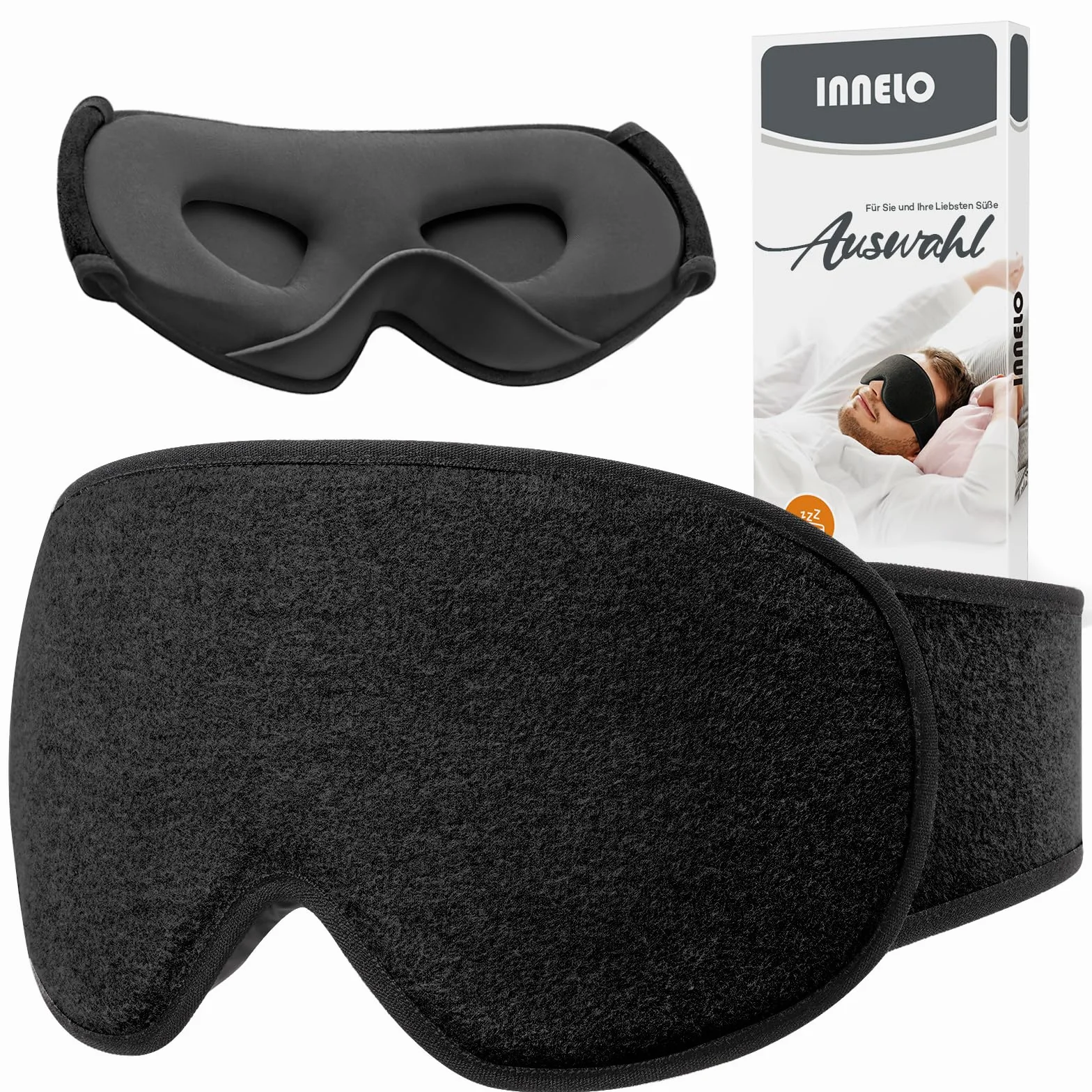 INNELO Mascherina per Dormire in Cotone 3D per Occhi, Protezione Orecchie, Ultra Morbida, Maschera Notte Uomo Donna, Nero