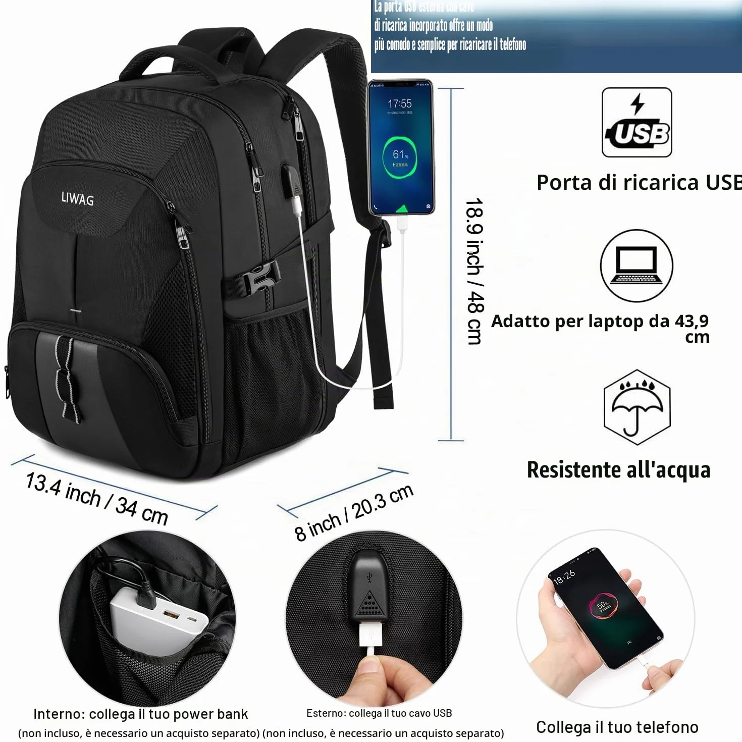 Zaino Uomo Grande 50L,17 Pollici, Porta PC, Zaino Lavoro Impermeabile Antifurto con Caricatore USB per Viaggio Ufficio Scuola -Nero