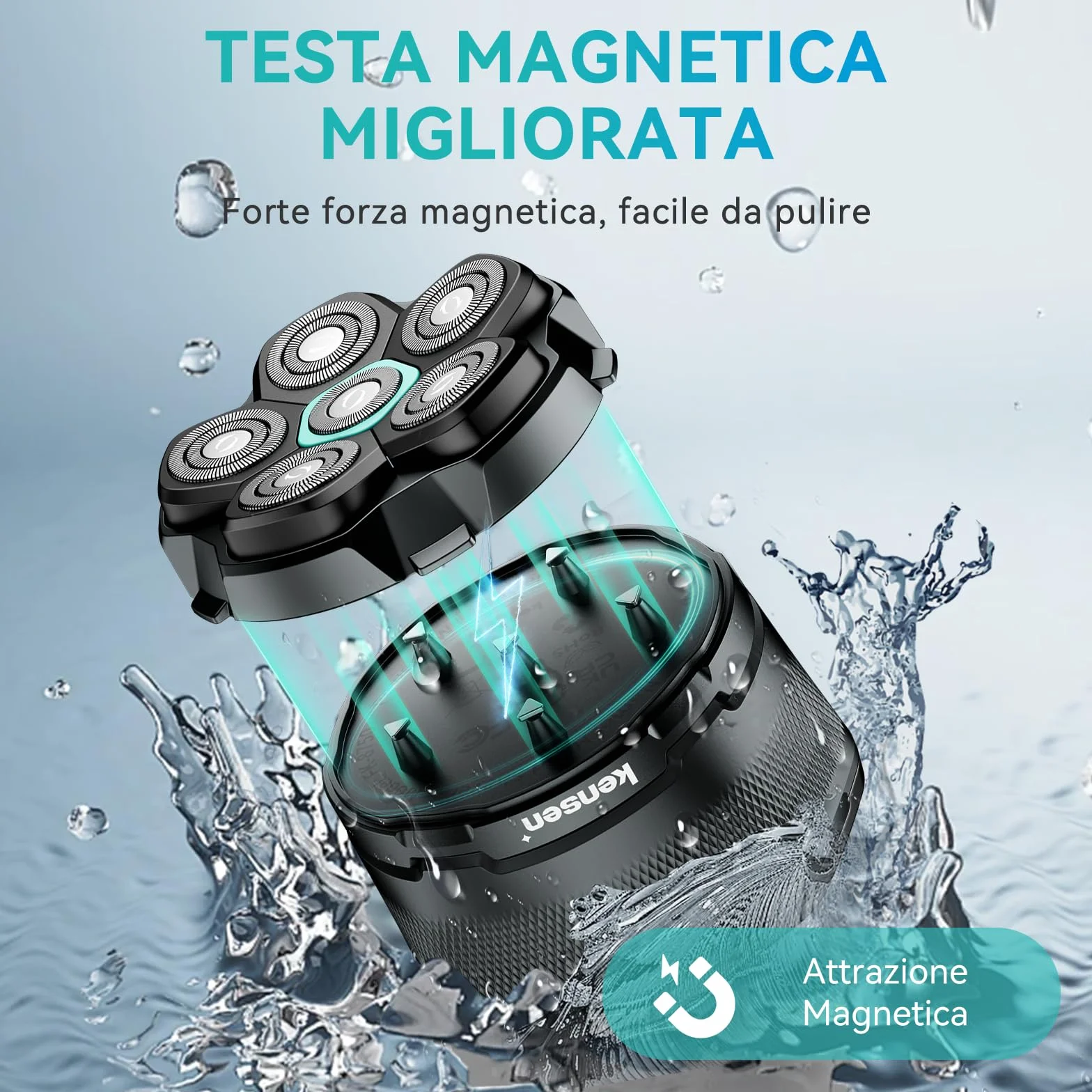 Kensen Rasoio Elettrico Testa Calva Uomo 6D Impermeabile Cordless 160 Minuti Autonomia USB-C