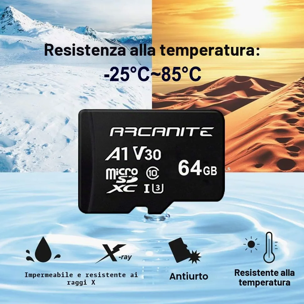 ARCANITE, set da 2 schede di memoria microSDXC 64 GB, UHS-I U3, A1, V30, 4K, C10, MicroSD, Velocità di lettura fino a 90 MB/s