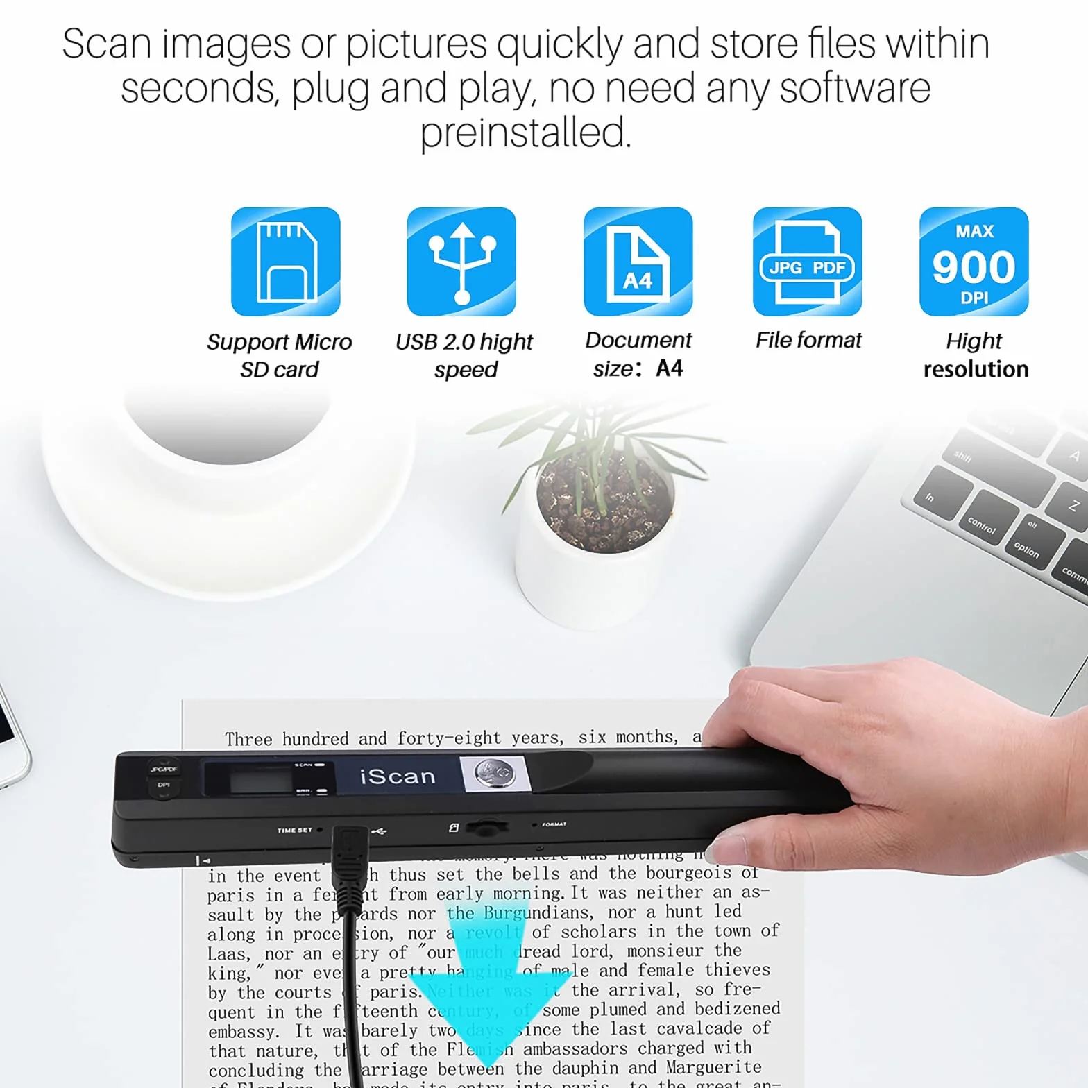 Scanner di documenti portatile USB 900 DPI scansione A4 16 GB