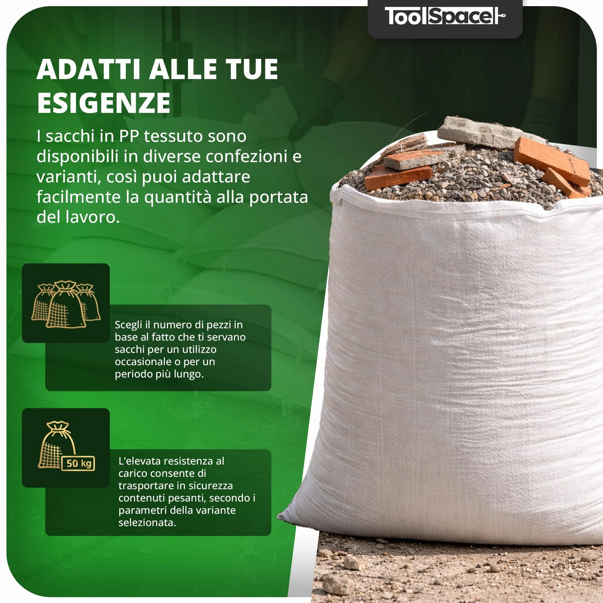 ToolSpace Sacchi in Rafia Polipropilene 65x105 cm 50 kg Resistenti per Carico Pesante Edilizia Cantiere