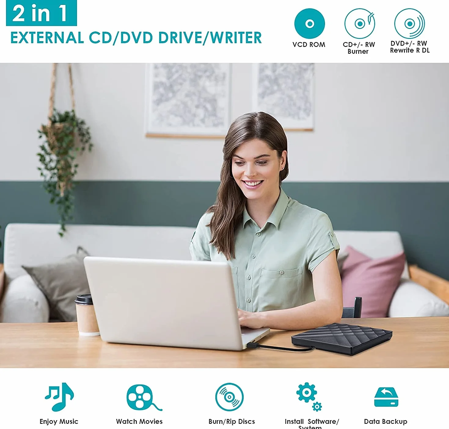 XIAOXIN Lettore CD DVD esterno USB 3.0, masterizzatore registratore DVD esterno ultra sottile portatile per PC, laptop, macbook, compatibile con Windows 10 8 7 XP Vista Mac OS