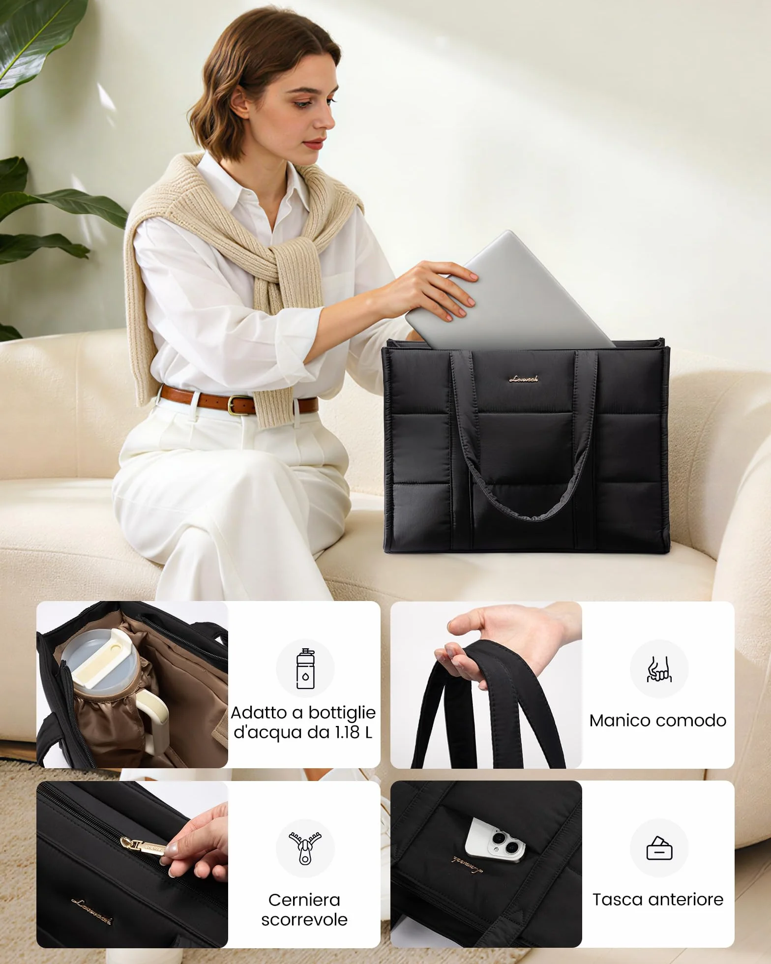 LOVEVOOK Borsa Donna, Grande Puffer Borse Università Borsa da Lavoro porta PC, Tote Bag Shopper Borse Tracolla per Ufficio Insegnante Docente Scuola