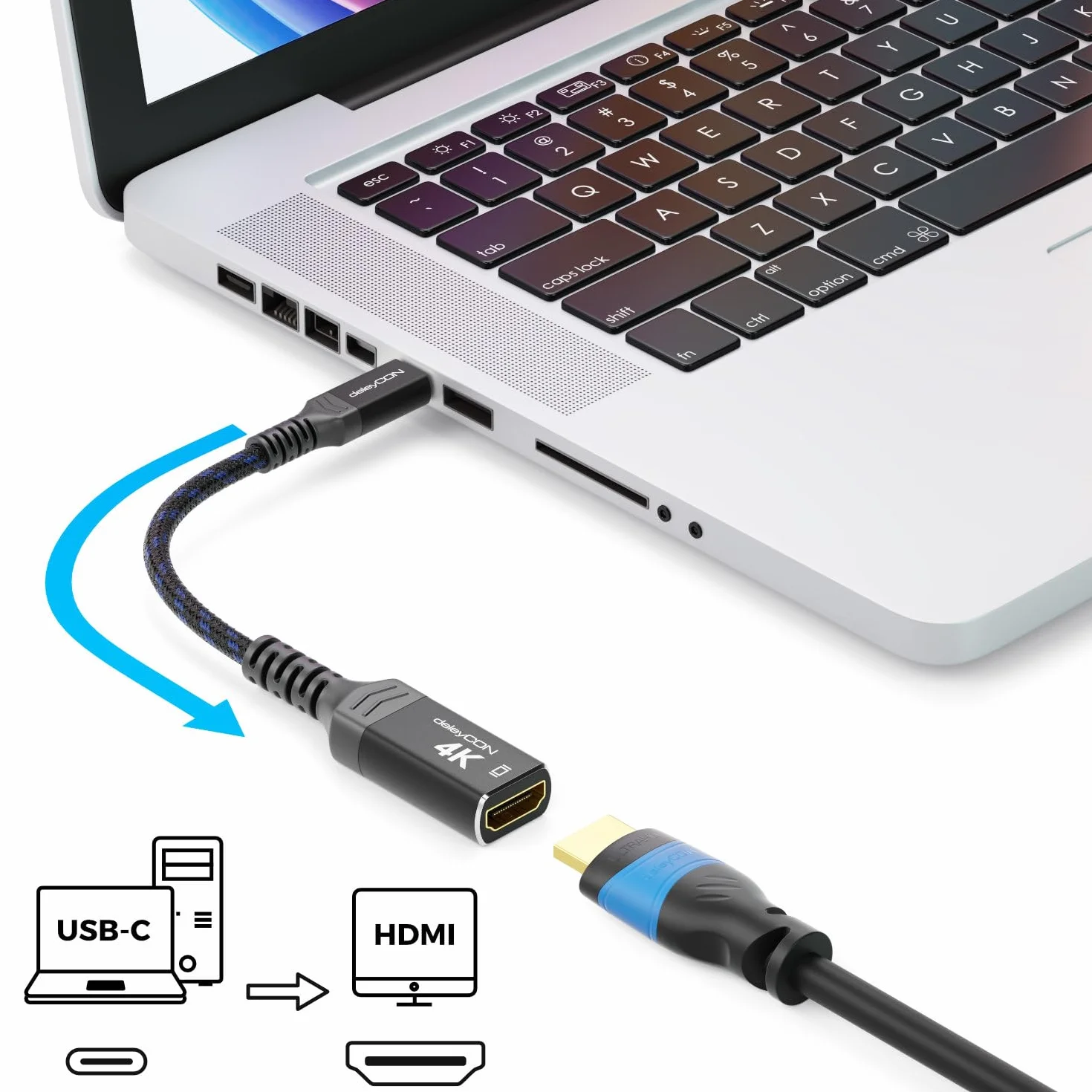 deleyCON Adattatore USB-C a HDMI 4K Alluminio (4K@60Hz Monitor/TV/Proiettore) Thunderbolt 3/4, iPhone 17 16 15 Pro Max Air, MacBook, iPad Pro/Air, Galaxy S25 S24 S23, Notebook, Tablet