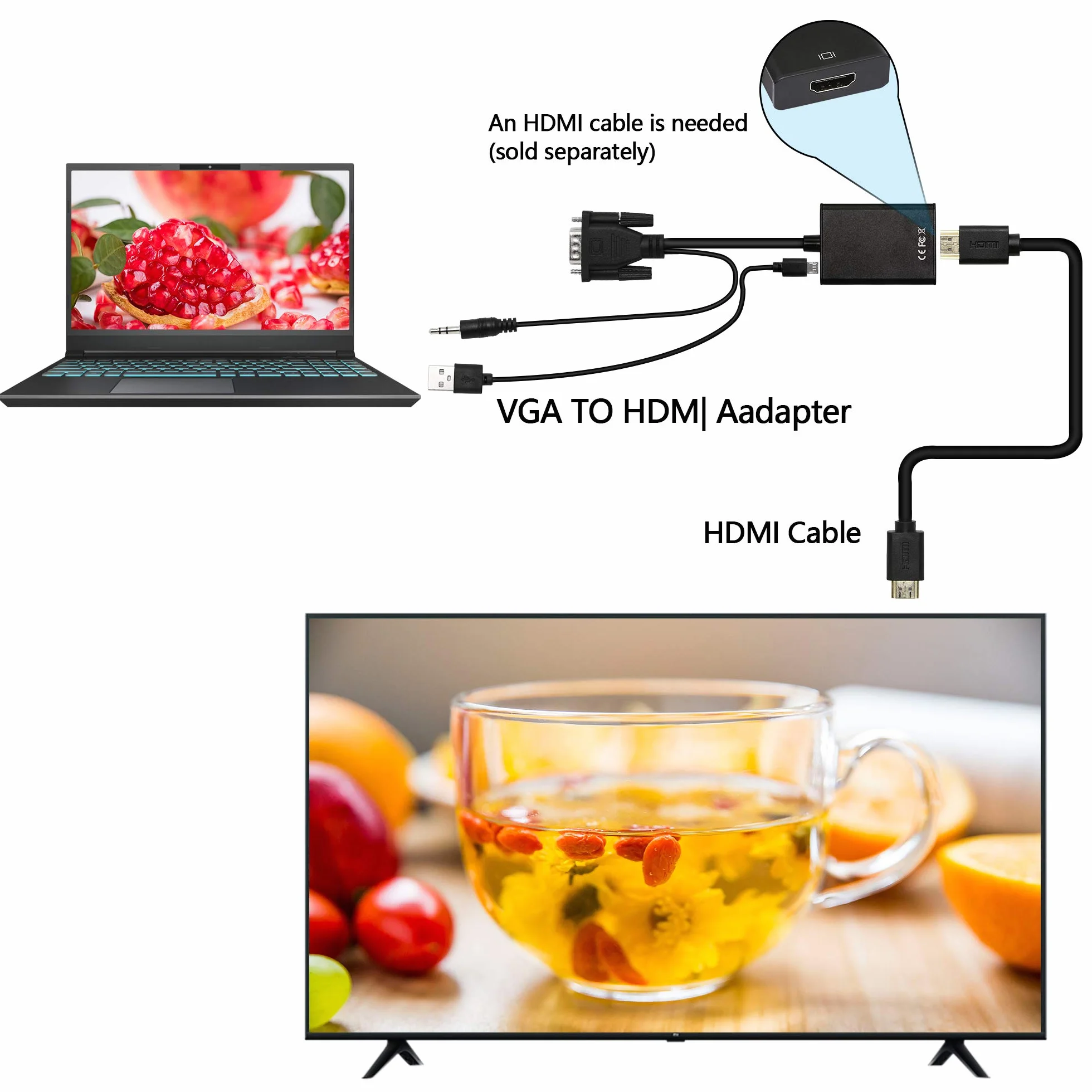 YACSEJAO Adattatore da VGA a HDMI 1080P VGA maschio a HDMI femmina, convertitore per computer, desktop, laptop, PC, monitor, proiettore, HDTV con cavo audio e cavo USB
