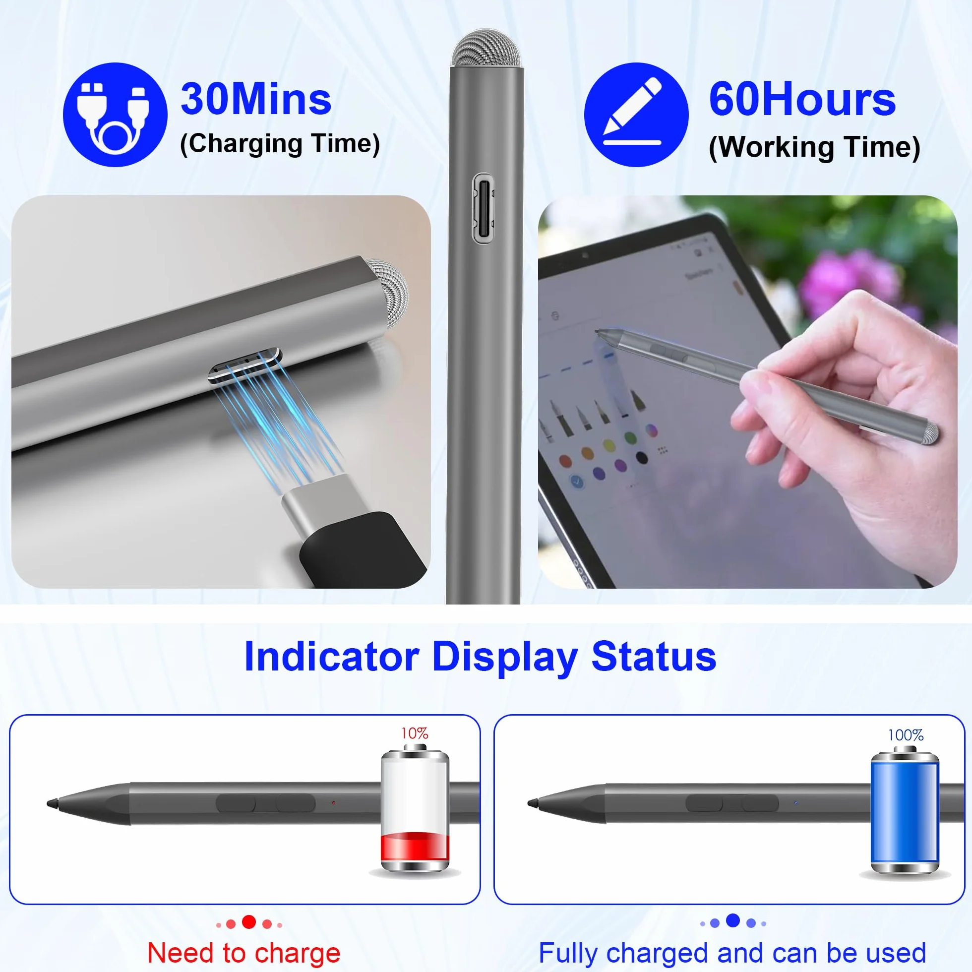 Penna Surface per Surface Pro 12/11/9/10/8/X/7/6/5/4/3, matita Surface Pro con punta di precisione, sensibilità all'inclinazione, stilo Surface Pro per Surface Go 3/Go 2/Book/Laptop 5 (grigio)