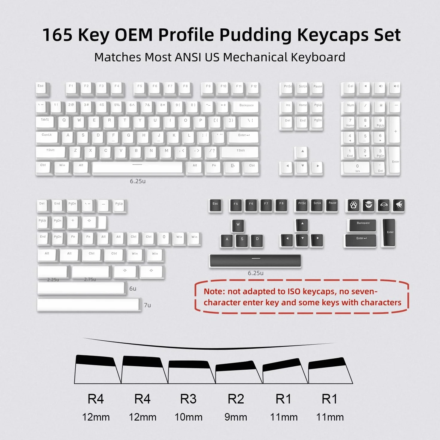 Pudding Keycaps,165 Tasti PBT Keycaps Set QWERTY di personalizzati, profilo OEM dei tasti ANSI US Layout, Compatibilità universale per 100%, 75%, 65%, 60% Tastiera, Bianco (ISO non supportato)