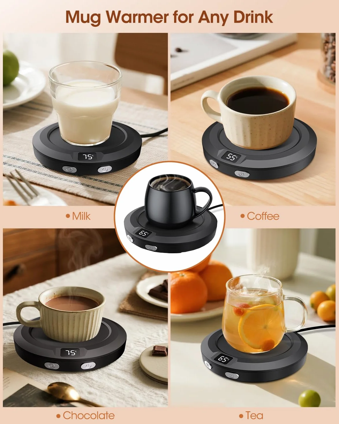 Scalda Tazza, Scalda Tazza usb da Scrivania con 3 Impostazioni Temperatura, Scaldatazza con Spegnimento Automatico 2-12h, Scalda Tazzine da Caffè per Latte, Tè, Acqua (nero)