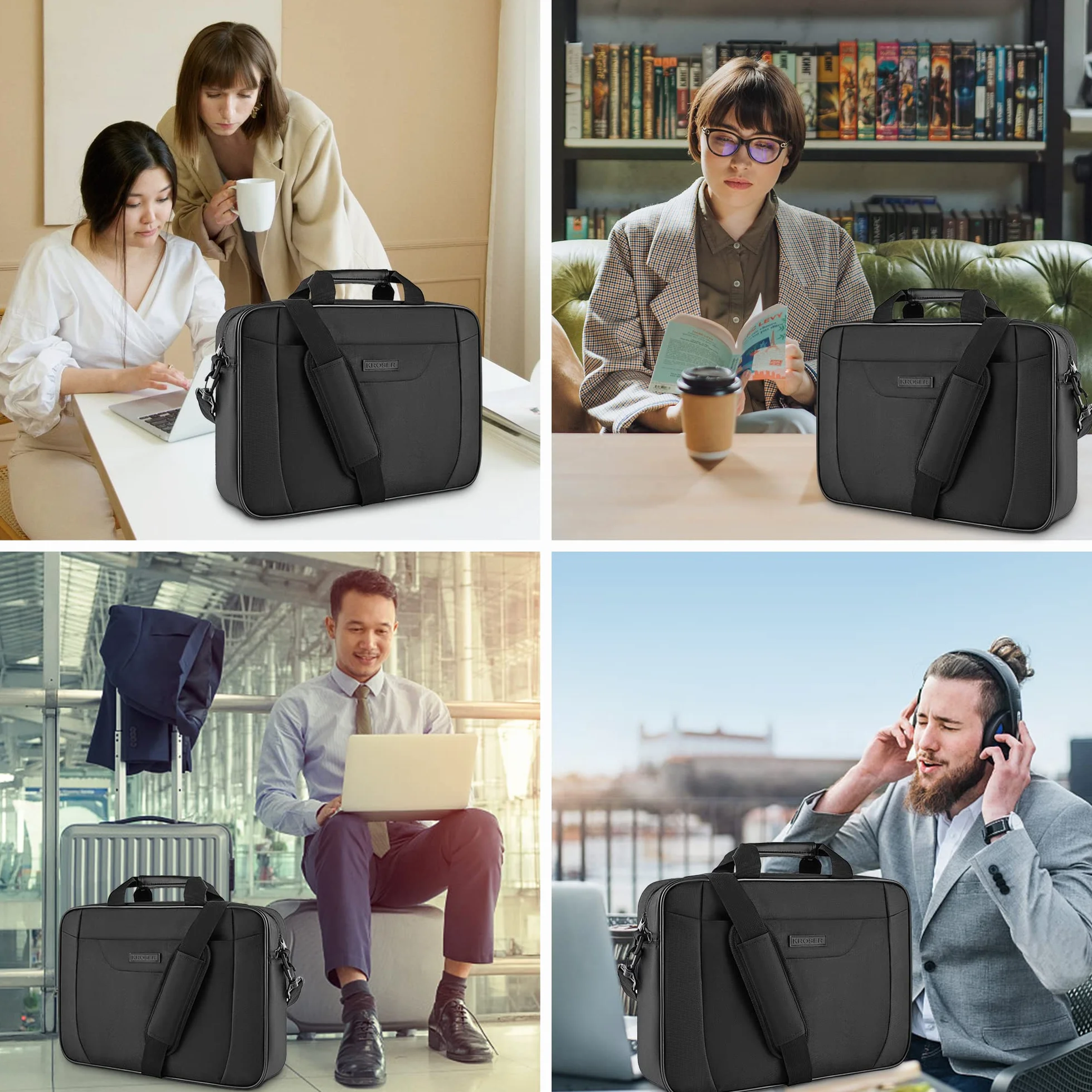 KROSER Borsa del Portatile 15,6 Pollici Ventiquattrore Borsa a Tracolla per Laptop Idrorepellente Borsa da Ufficio Urbana Leggera Borsa per il Trasporto di Affari per Uomo/Donna-Nero