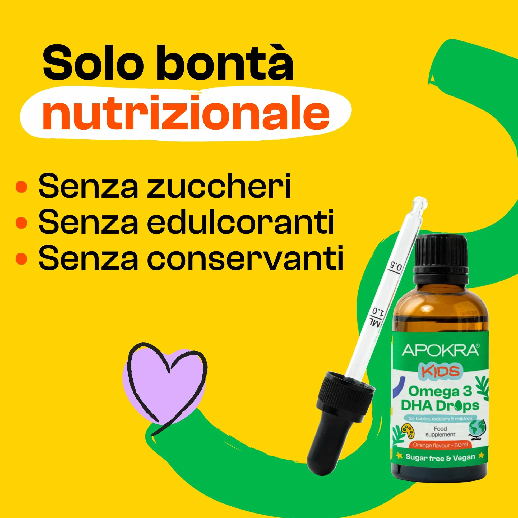 APOKRA Kids Omega 3 Vegan DHA Drops 50 ml Senza conservanti e senza zucchero
