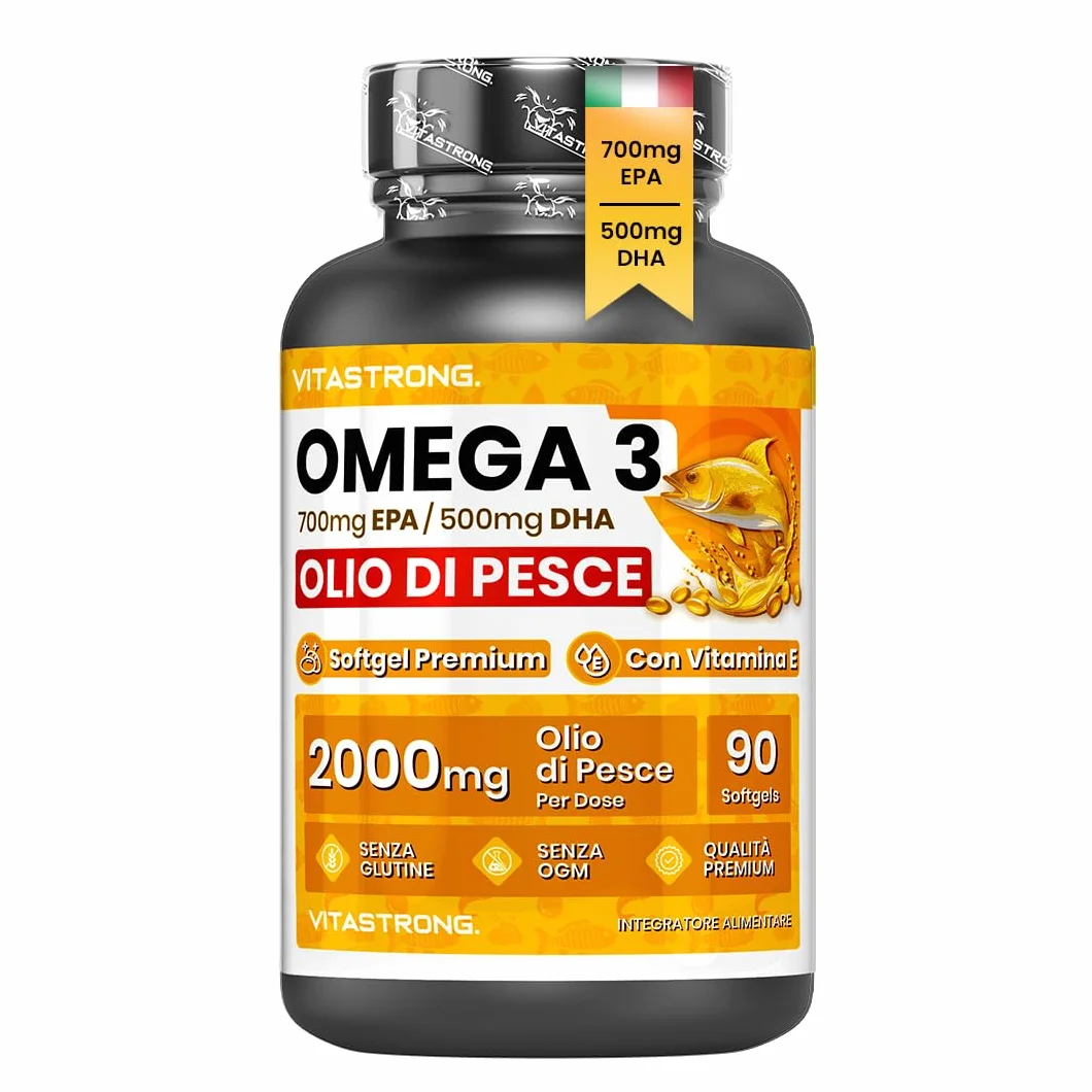 Omega 3 Olio di Pesce 2000mg EPA 500mg DHA Vitamina E Integratore Puro Cuore Vista Cervello