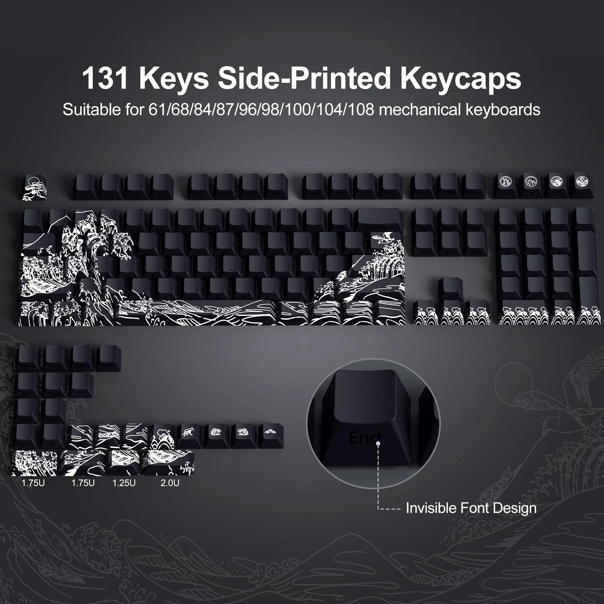 Keycaps PBT Custom Cherry Profile Shine Through Wave of Kanagawa Double Shot Side Print Dye Sub Keycap Set