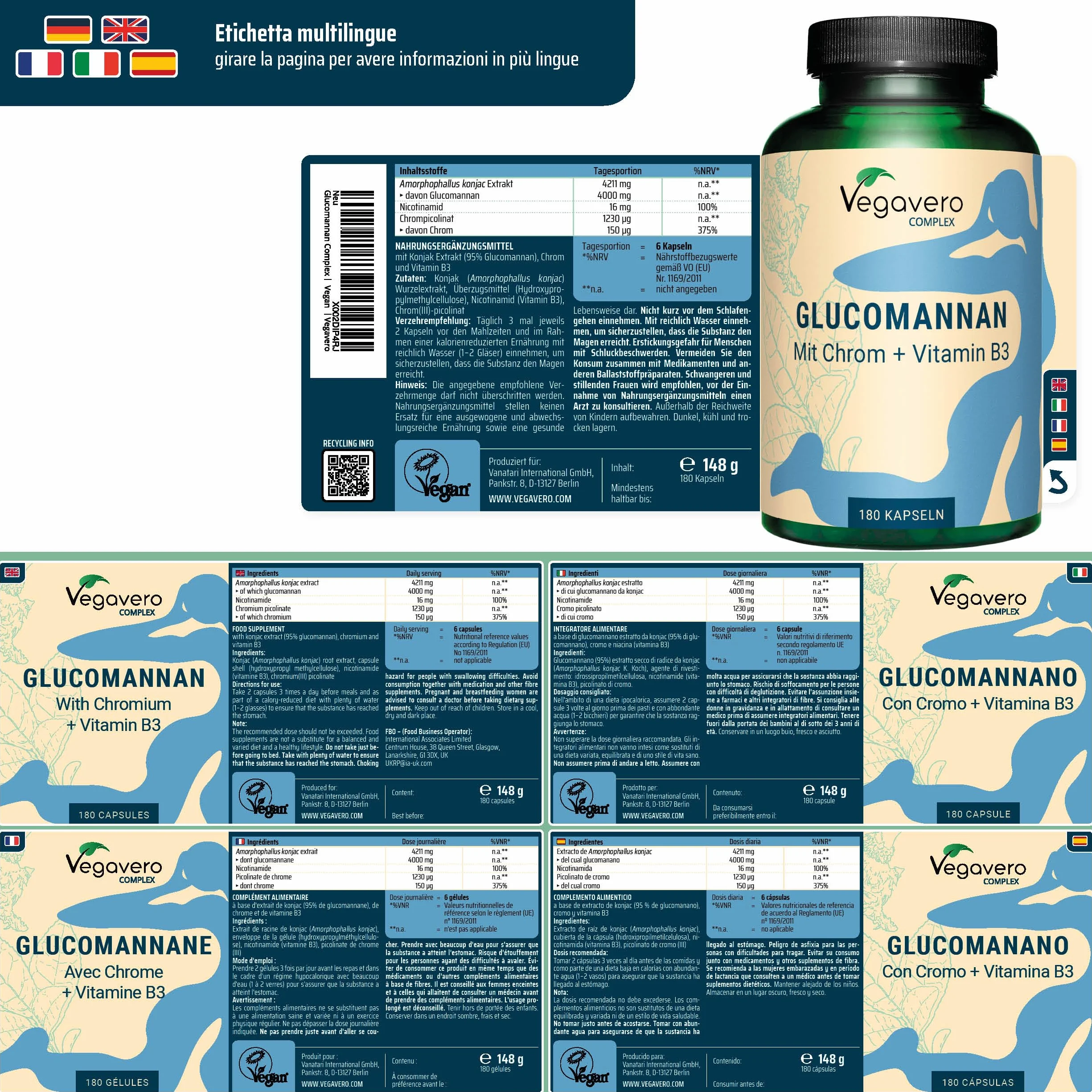 Glucomannano Complex Forte Alto Dosaggio Vegavero® z Witaminą B3 i Chromem