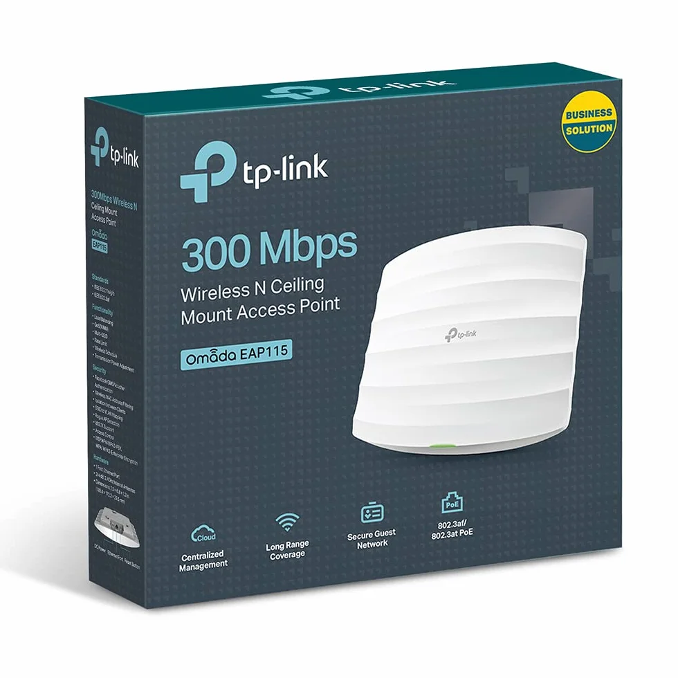 TP-Link EAP115 Professionale Access Point Wireless N 300 Mbps, PoE 802.3af, Predisposizione al Montaggio a Soffitto, Captive Portal, Bianco, N300
