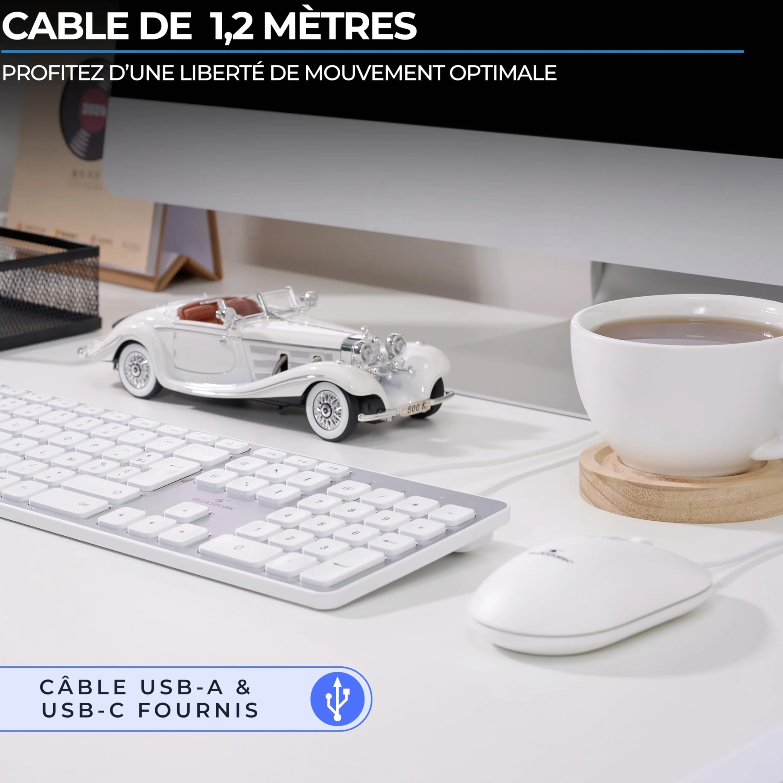 Combo tastiera e mouse cablati - BLUESTORK - KB Mac - Compatibile con Mac - Bianco