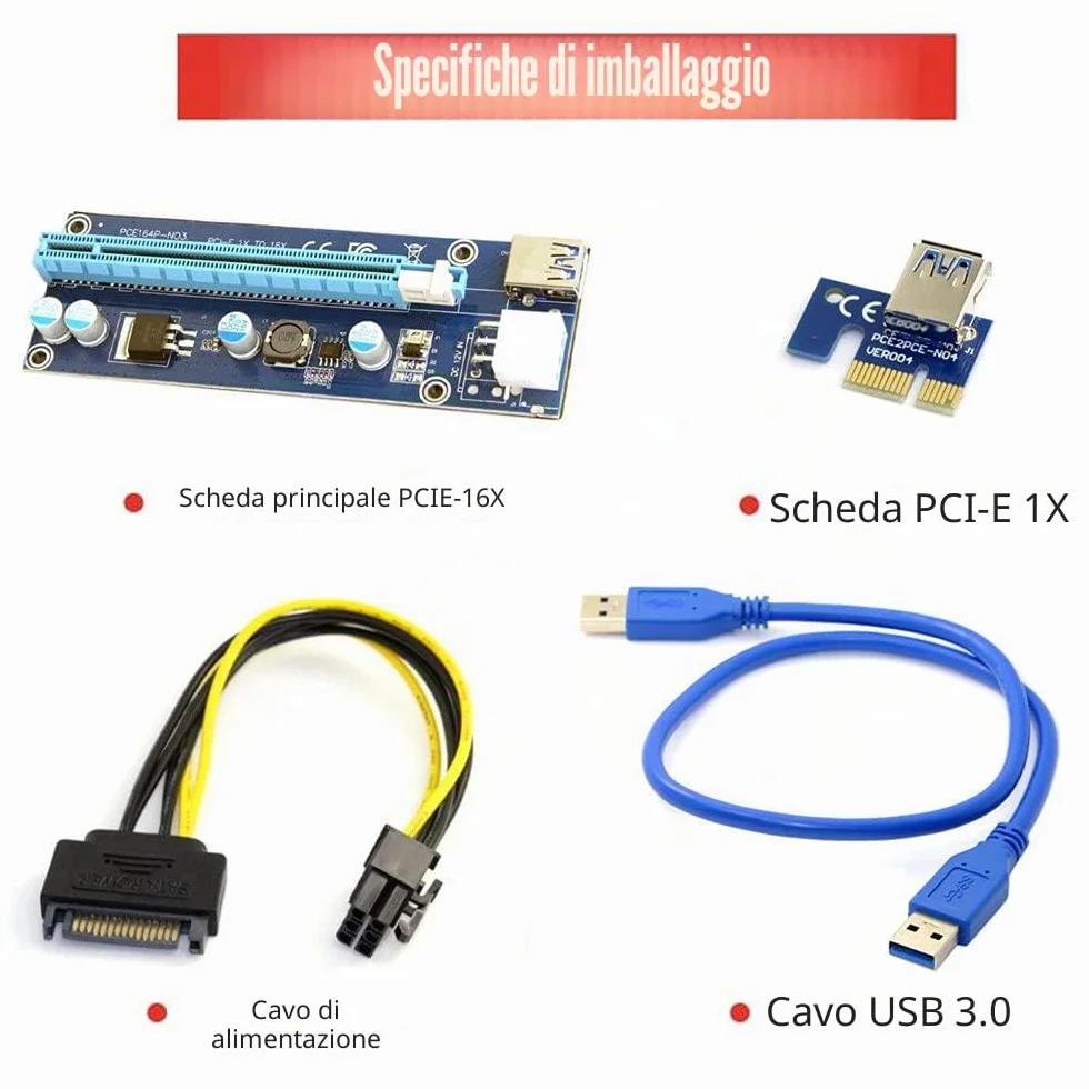 JSER PCI-E 1x to 16x Mining Riser Adapter USB 3.0 6Pin Power Cable