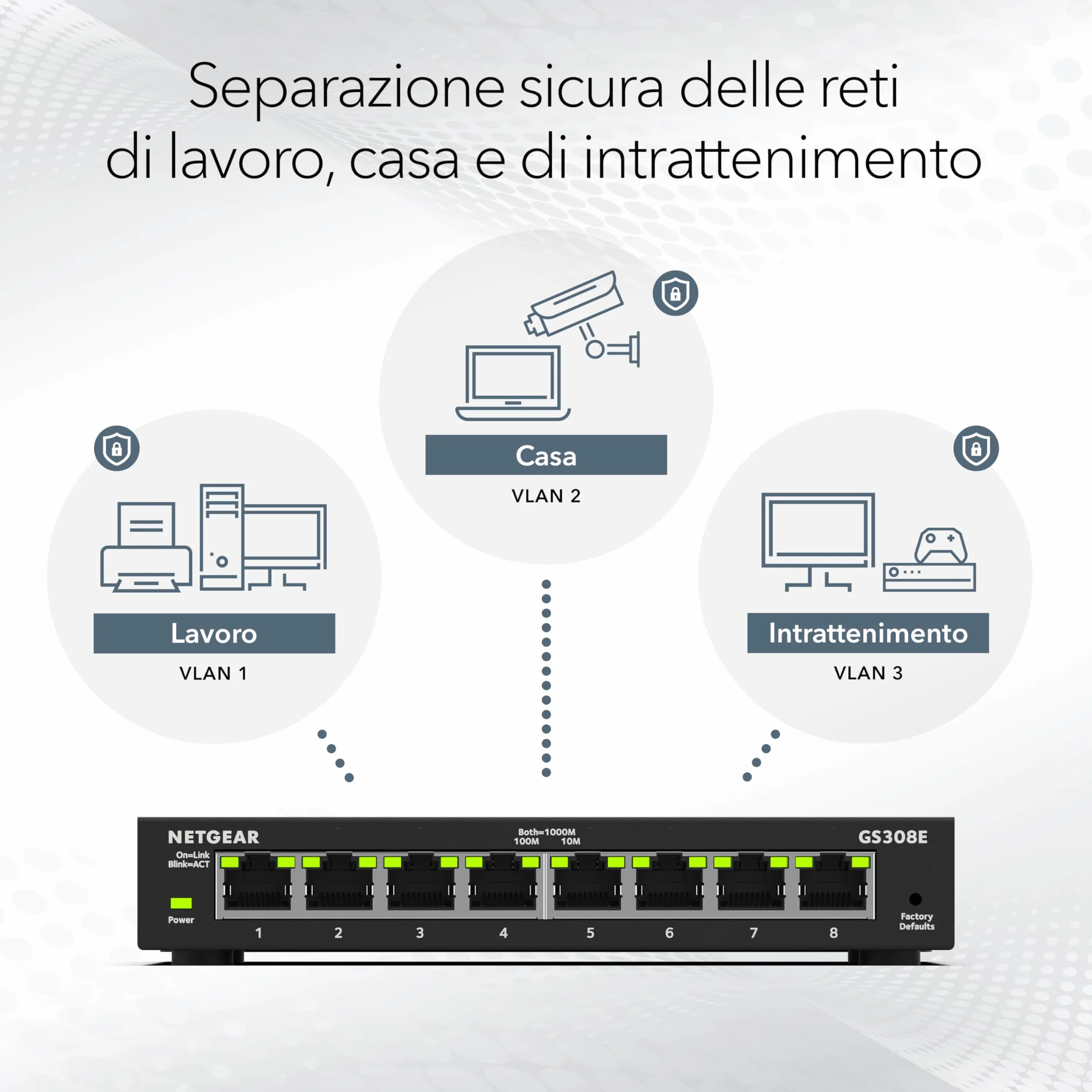 NETGEAR Switch Ethernet Plus a 8 porte GS308E - Supporto VLAN, QoS, switch Gigabit per ufficio, funzionamento silenzioso, montaggio su scrivania o a parete