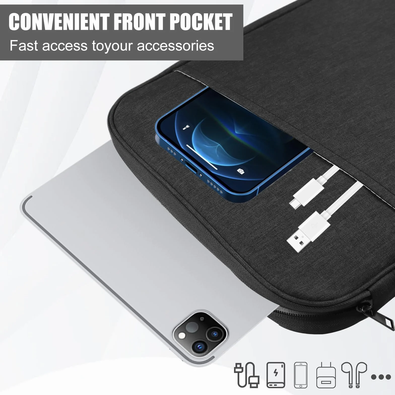 Custodia Tablet 13 Pollici con Tasche, Borsa Protettiva Compatibile iPad Pro 13" M4/Air 13" M2 2024, iPad Pro 12.9, Galaxy Tab S10+/S9 FE+, Surface Pro 12-13", Nero