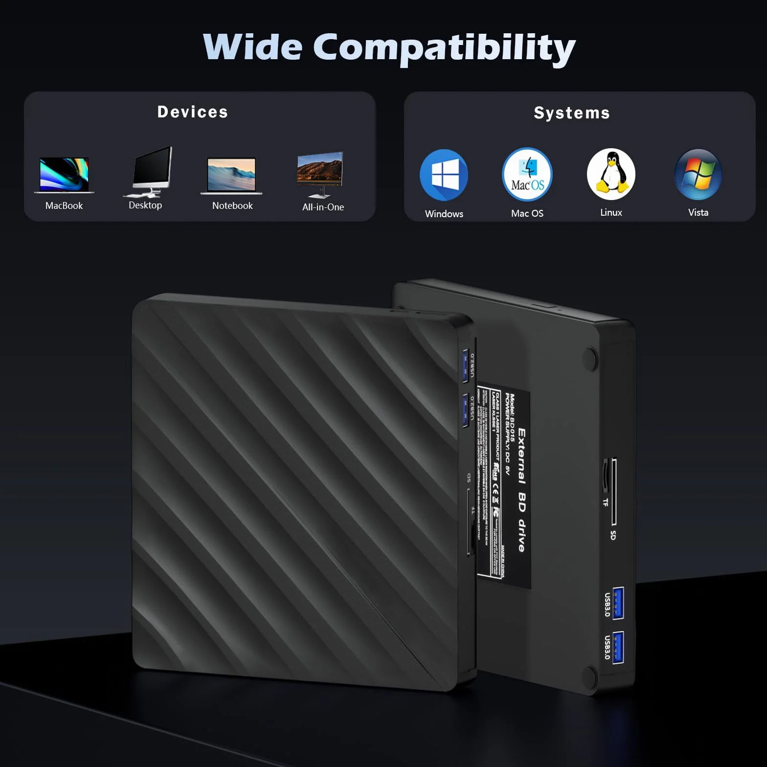 Bluray 5 in 1 Unità esterna Bluray Masterizzatore DVD Burner Esterno Blu Ray Drive per laptop con slot SD/TF compatibile con Windows MacOS Linux (5-IN-1)