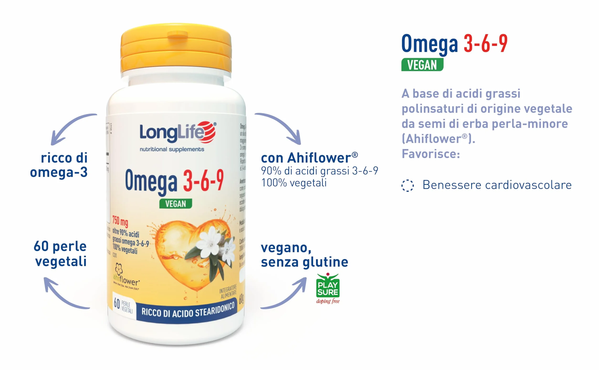 LongLife® Omega 3-6-9 Vegan 60 Perle Vegetali | Con Ahiflower® Oltre 90% Acidi Grassi Omega 3-6-9