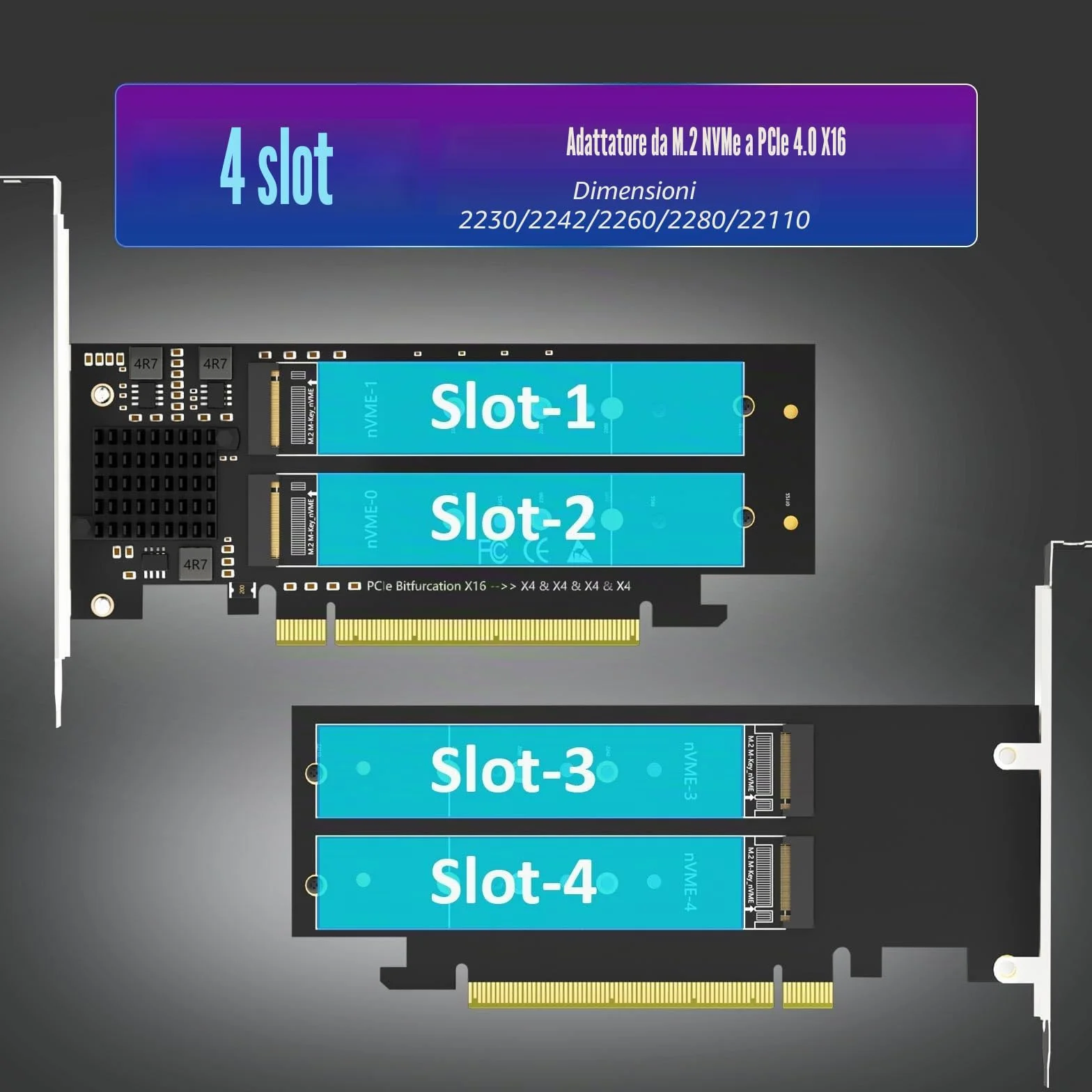 GLOTRENDS PA41 Quad Adattatore M.2 NVMe a PCIe 4.0 X16 senza biforcazione PCIe, configurazione RAID M.2 NVMe tramite strumento OS (supporta dimensioni 22110/2280)