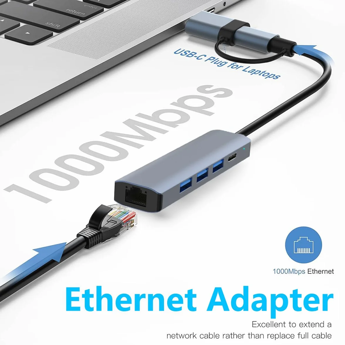 5 IN 2 Adattatore USB Ethernet Gigabit RJ45, Hub Ethernet LAN con 3 Porte USB 3.0 e Ricarica Tipo C PD,Connessione Stabile e Compatibile con Windows macOS Linux Chromebook