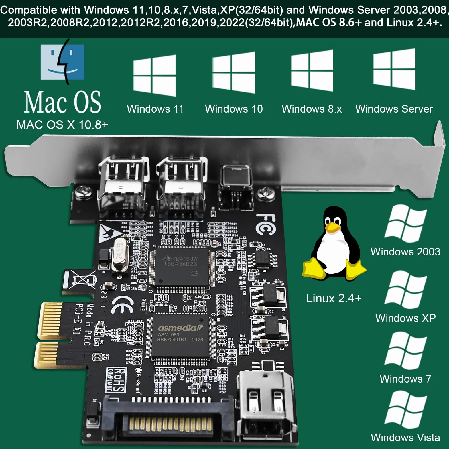 Scheda di espansione PCIE Firewire 400 1394A a 4 porte, Texas Instruments TI TSB43AB23, Plug and Play su PC desktop Windows e MAC, 3 porte a 6 pin e 1 x 4 pin 1394 A, velocità massima 400