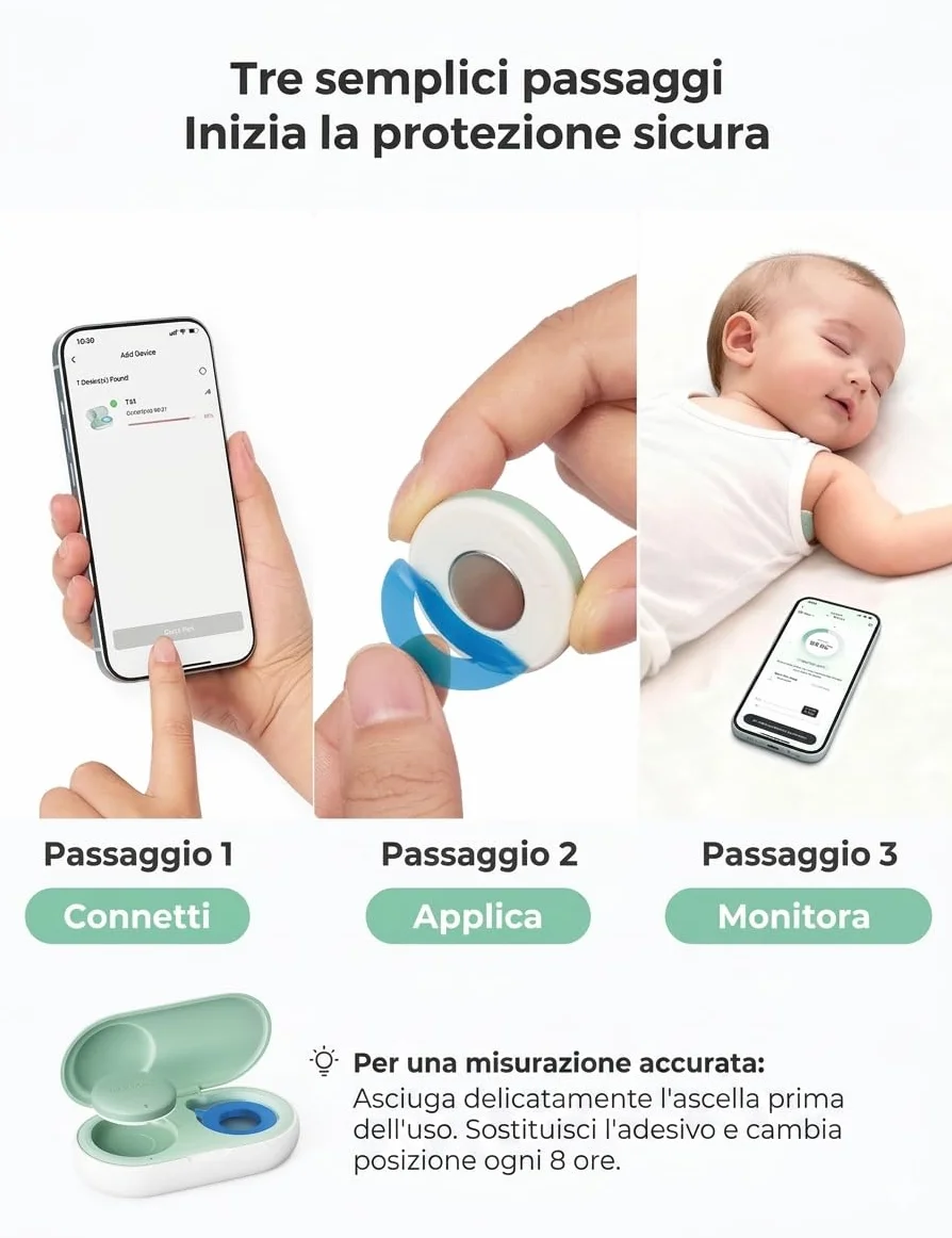 Momcozy Termometro Neonato, Termometro Digitale Indossabile con Alta Precisione, App Monitoraggio Temperatura in Tempo Reale, Cerotto Ipoallergenico 3M per Bambini