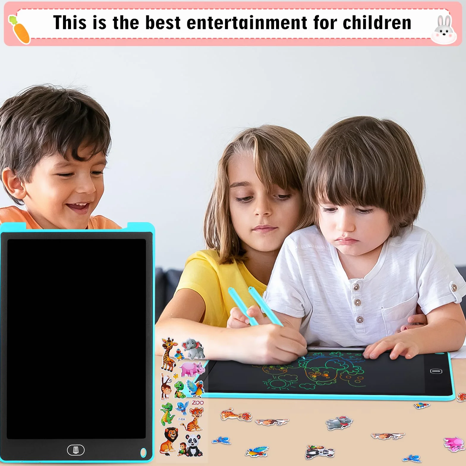 Tavoletta Grafica LCD 12 Pollici 2 Pezzi Schermo Colorato per Bambini Cancellabile Adesivi Animali Blu
