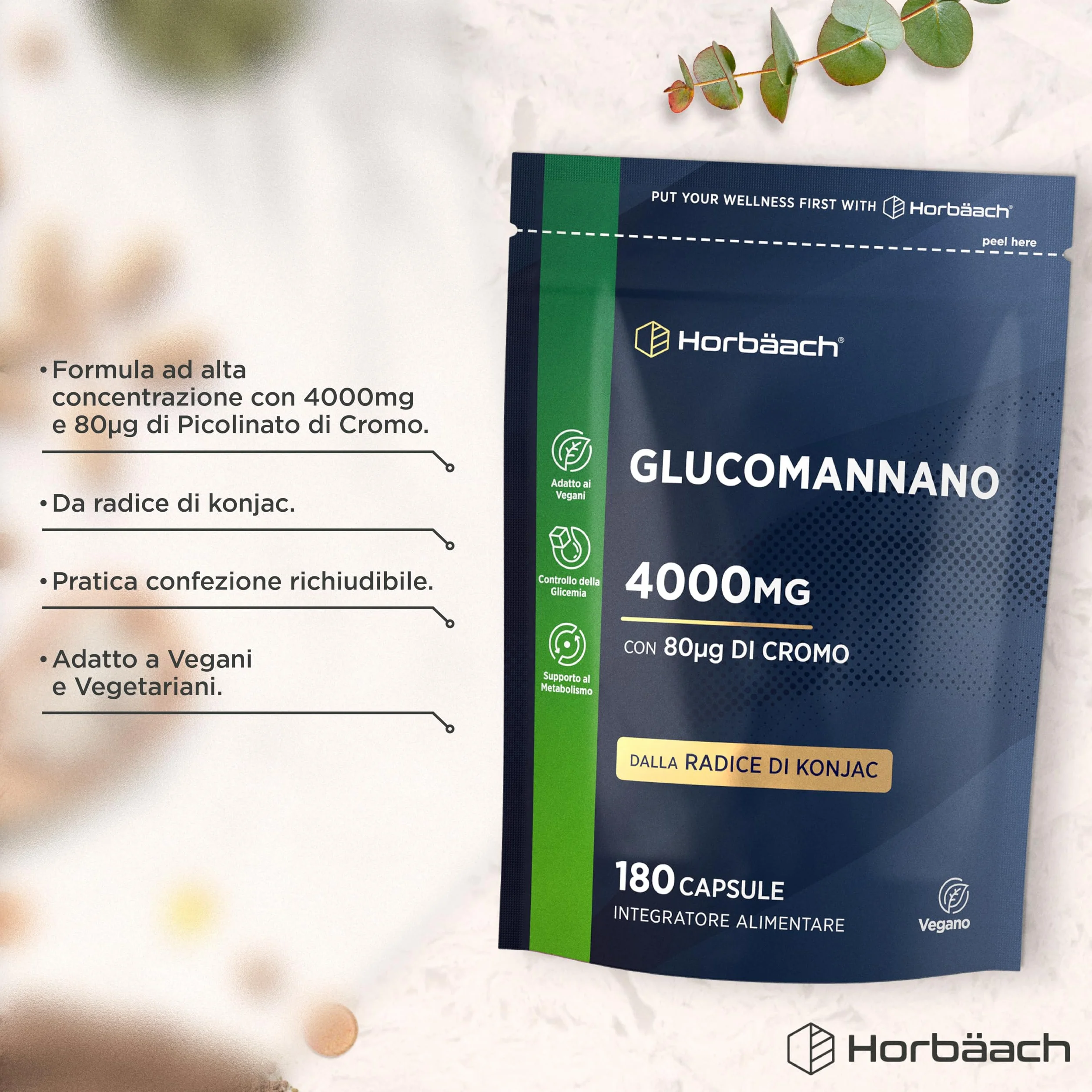 Glucomannano 4,000mg Radice di Konjac con Cromo 180 Capsule Vegani Horbaach